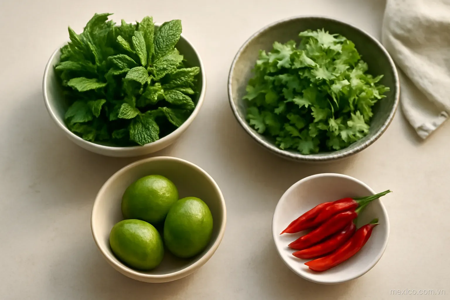 A kitchen counter with fresh herbs, limes and chilies in bowls, top-down view, no text