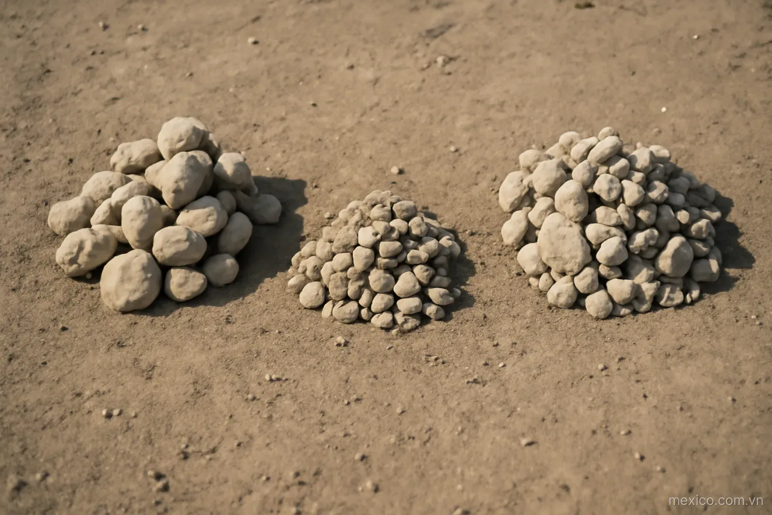 Three separate stone mounds of different shapes on flat ground seen from above, no text
