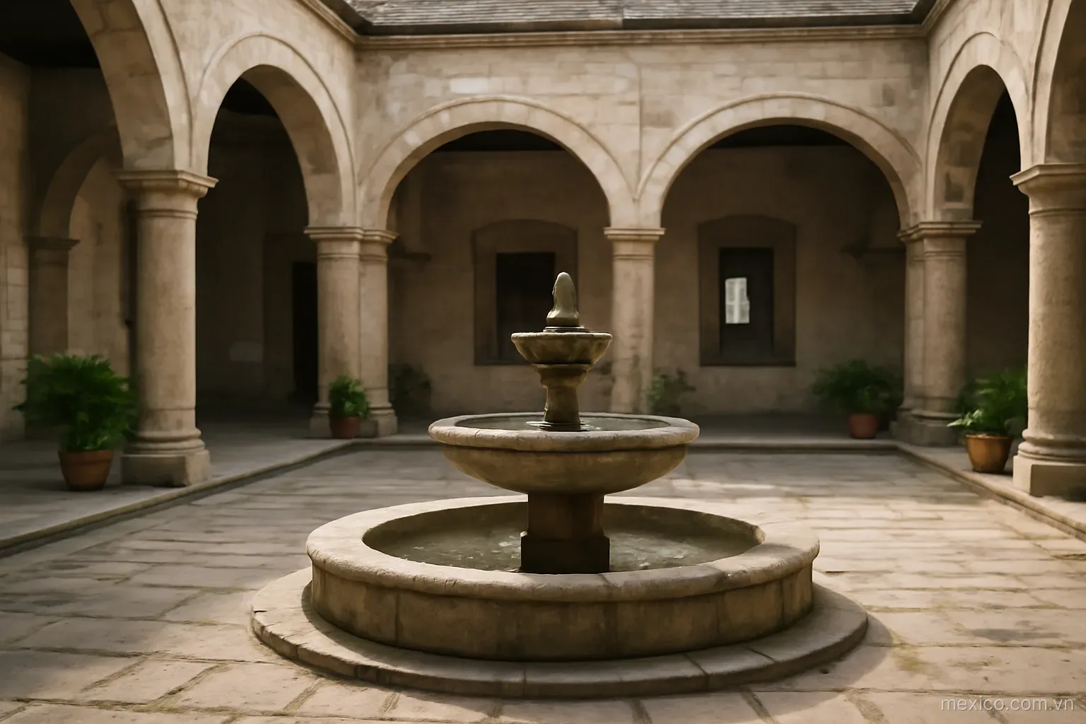 A stone colonial courtyard with arches and a central fountain, eye level, no text