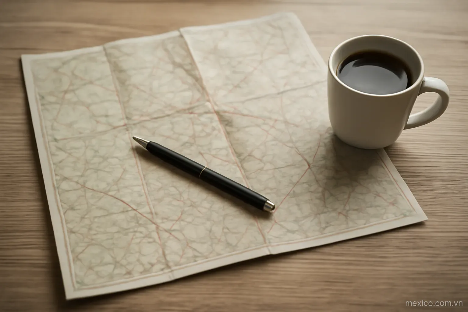 A paper map spread on a table with a pen and a cup of coffee, top-down view, no text