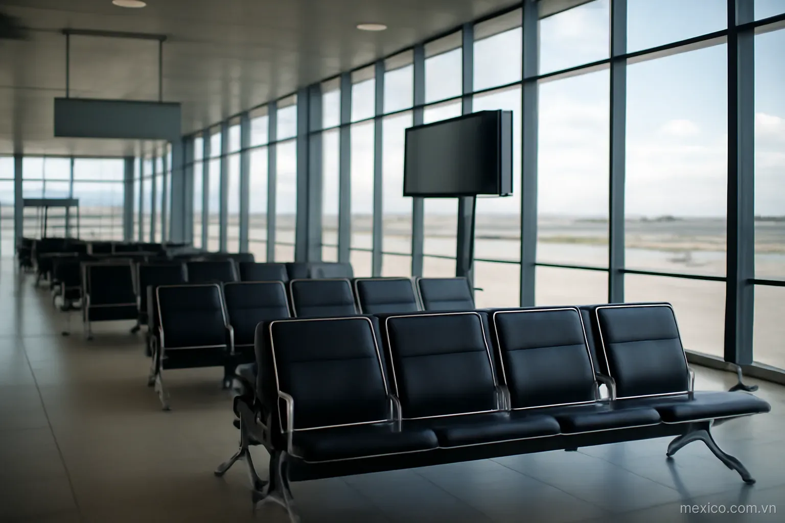 An airport departure hall with rows of seats and large windows, wide view, no text