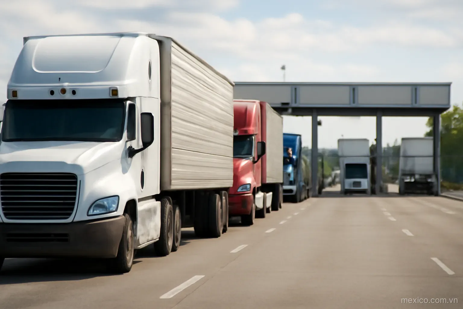 A line of trucks waiting on a wide road beside inspection booths, wide view, no text