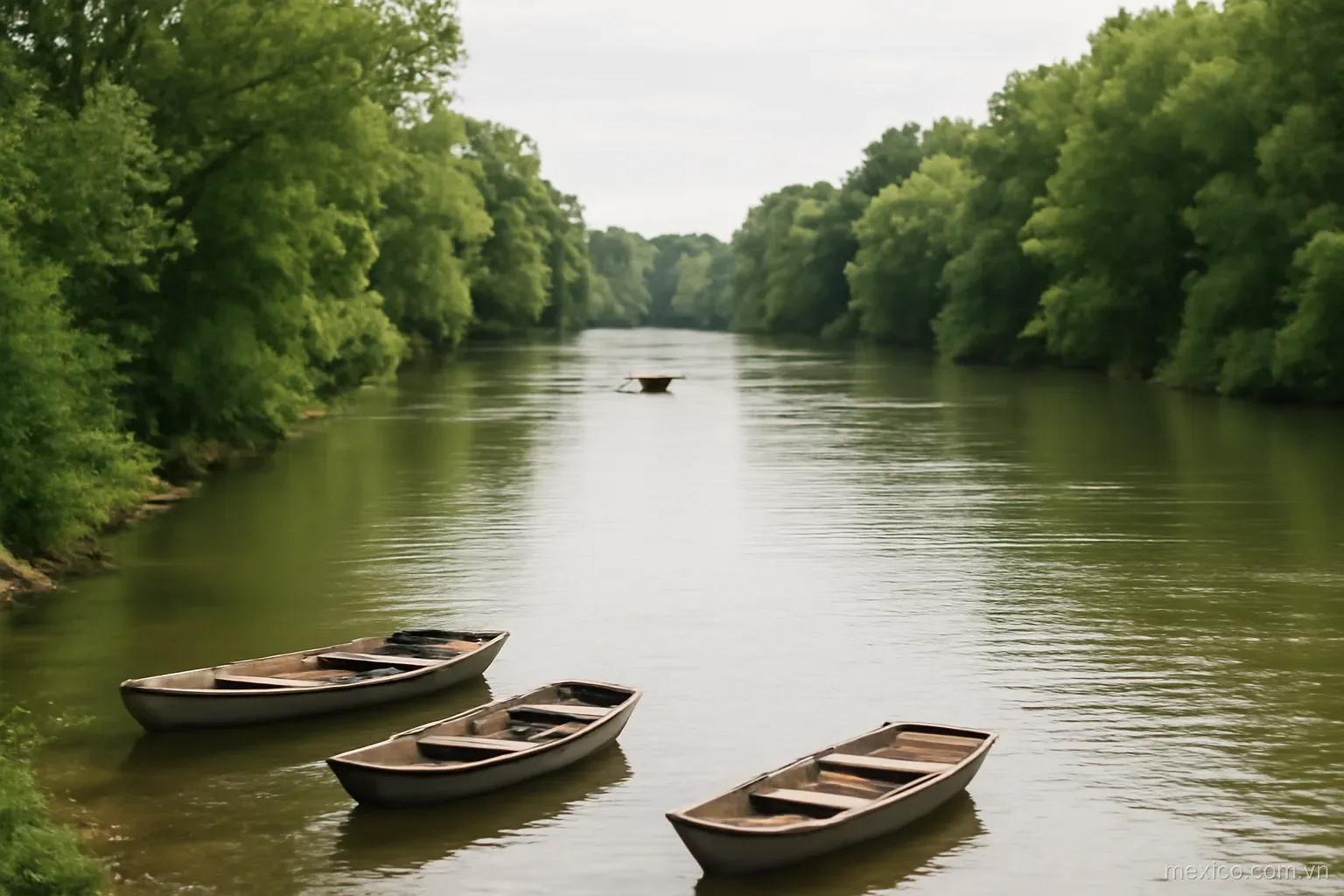 A river crossing with small boats and dense green banks on both sides, wide view, no text