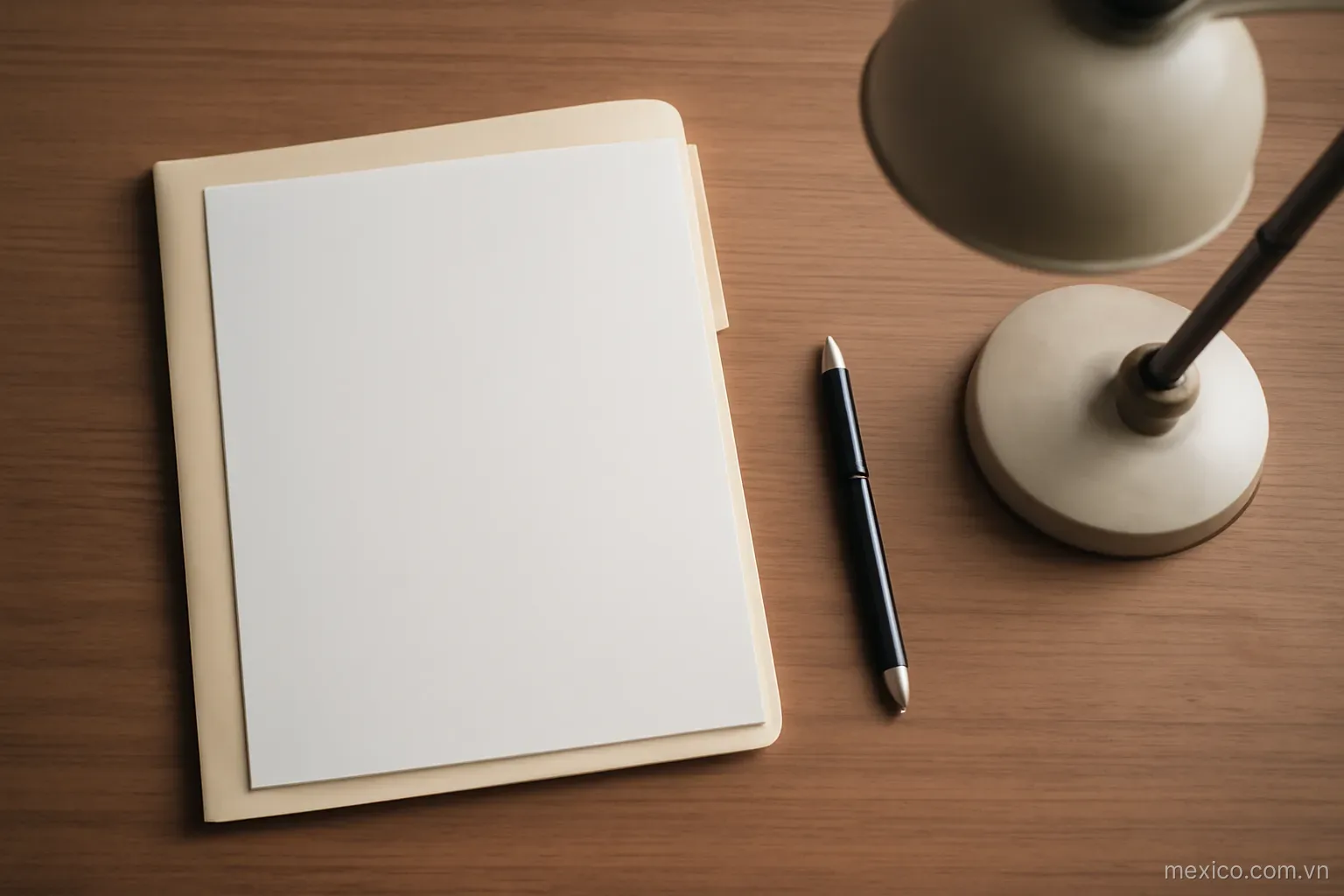 A folder of papers and a pen on an office desk beside a lamp, top-down view, no text