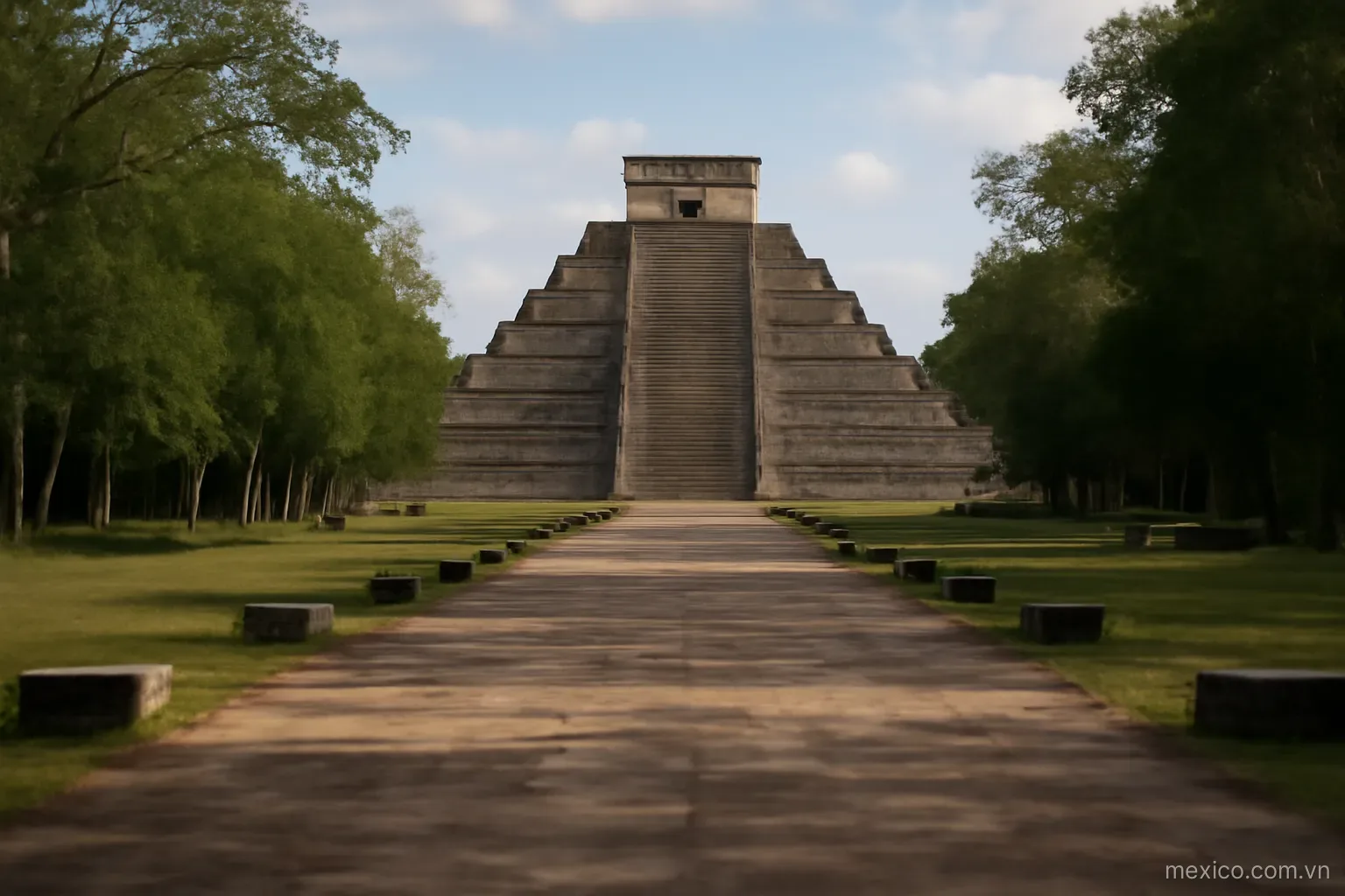 A stepped stone pyramid at the end of a long avenue, wide view, no text