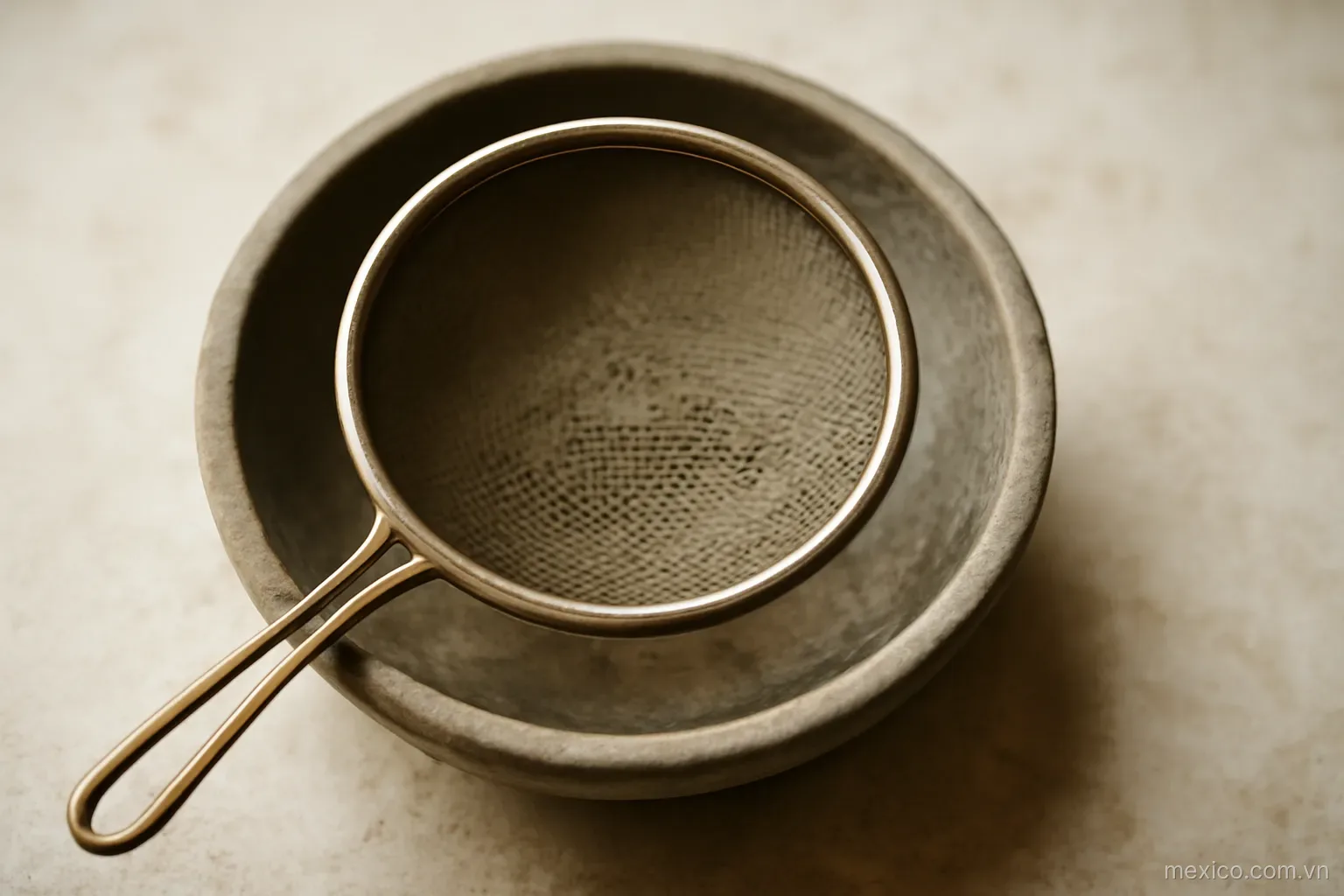 A sieve with uneven hole sizes resting on a stone bowl, close overhead view, no text