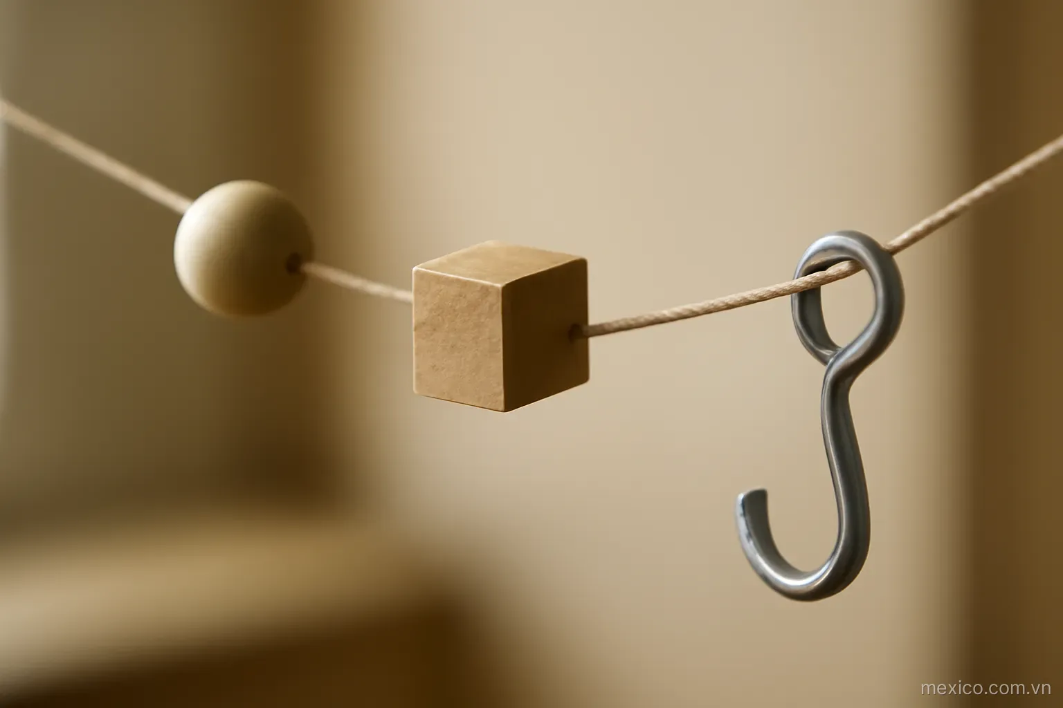 A sloped taut string with three different objects on it: a round bead, a squared block, a hooked ring, no text
