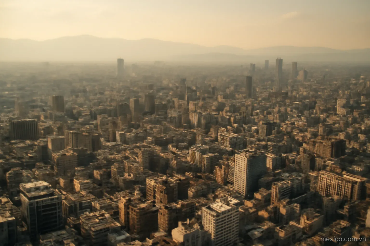 A dense cityscape stretching to distant mountains under afternoon haze, aerial view, no text