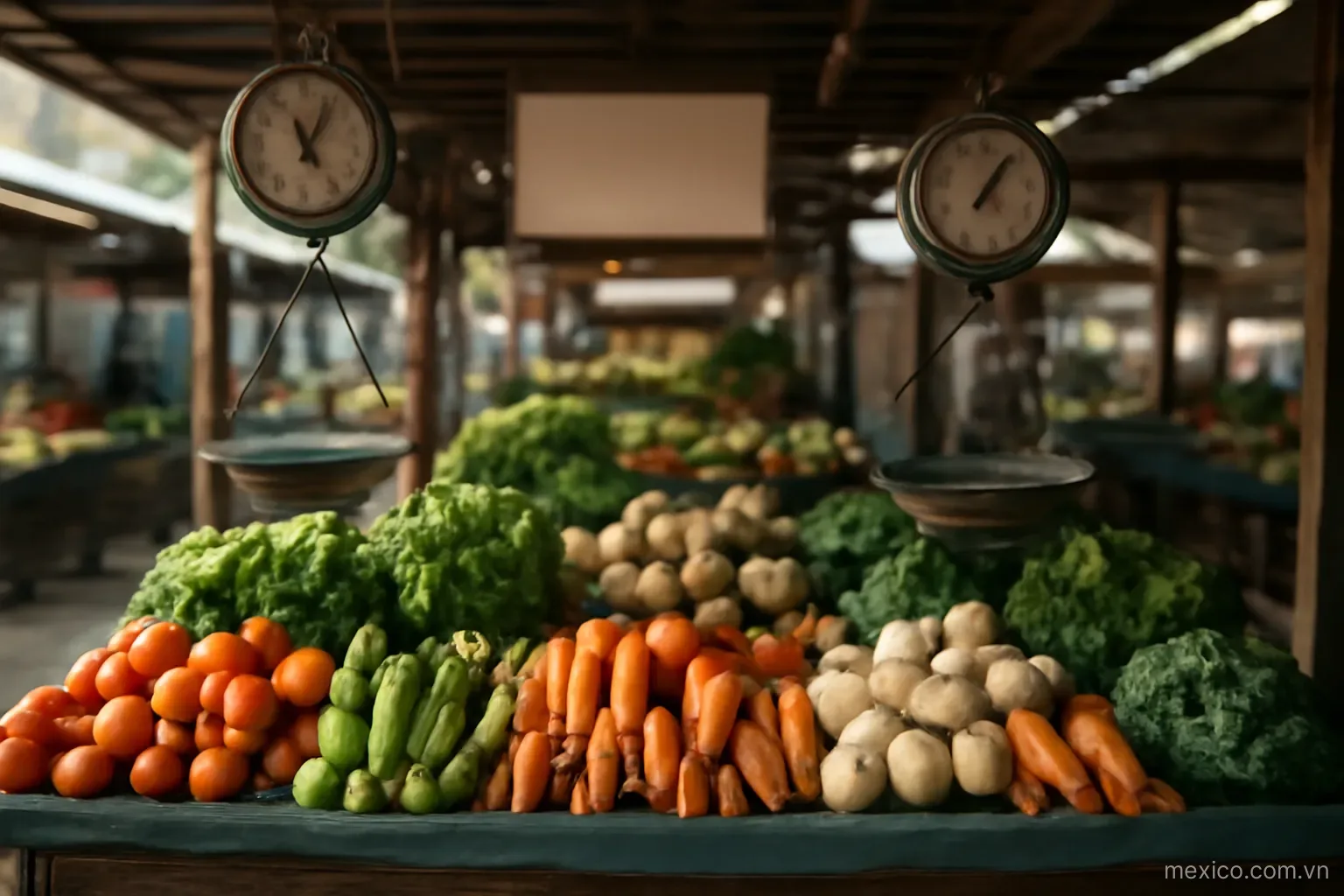 A local market stall with vegetables and hanging scales, eye level, no text