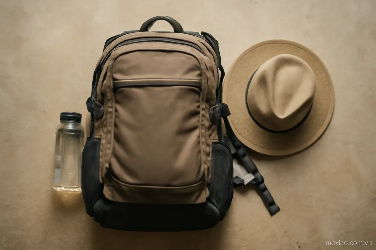 A packed backpack with a hat and a water bottle beside it on a floor, top-down view, no text