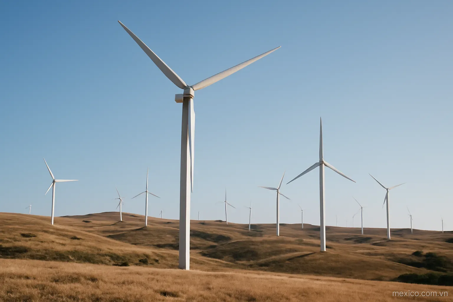 A wind farm on open hills with turbines under a clear sky, wide view, no text