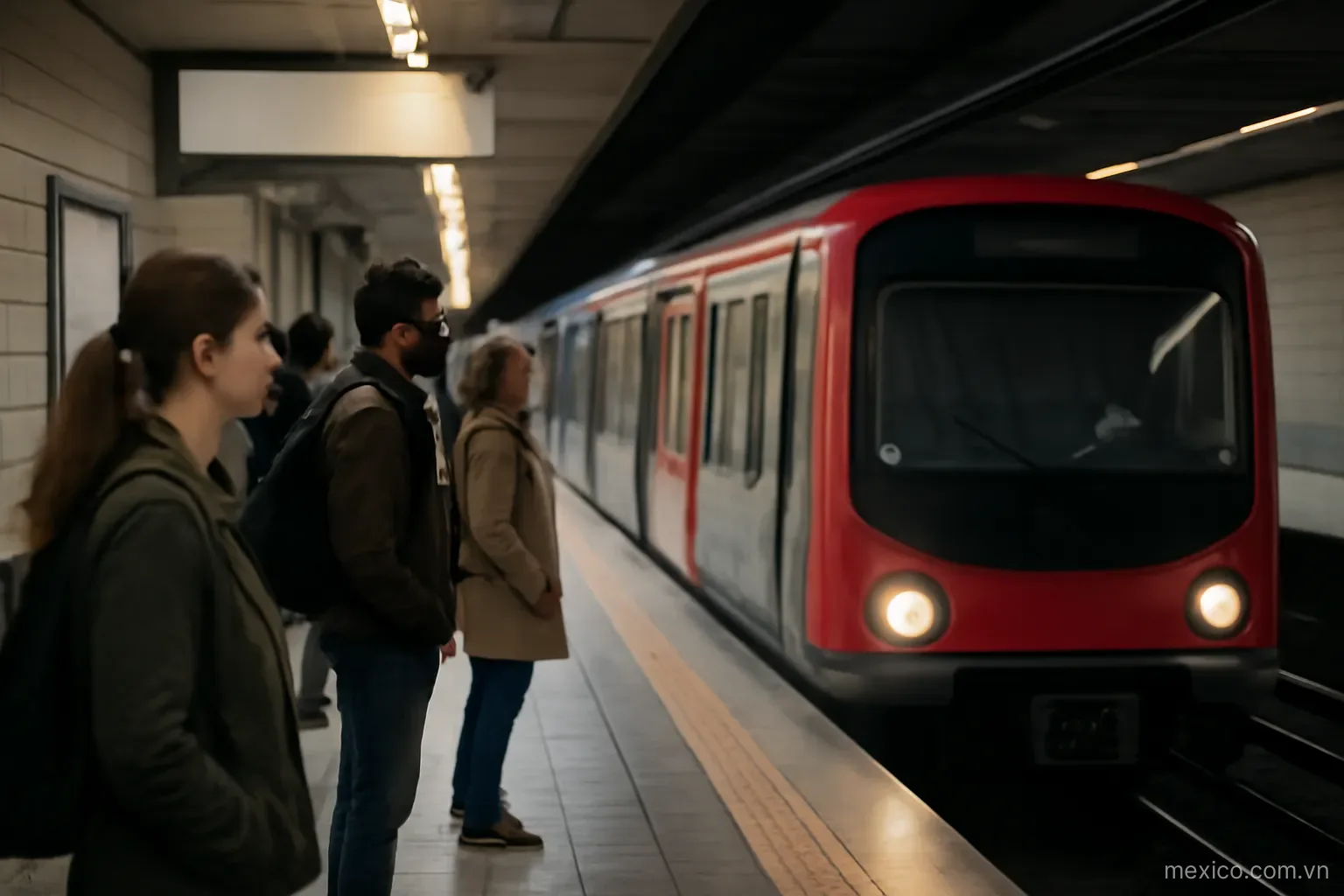 A metro platform with waiting passengers and an arriving train, eye level, no text