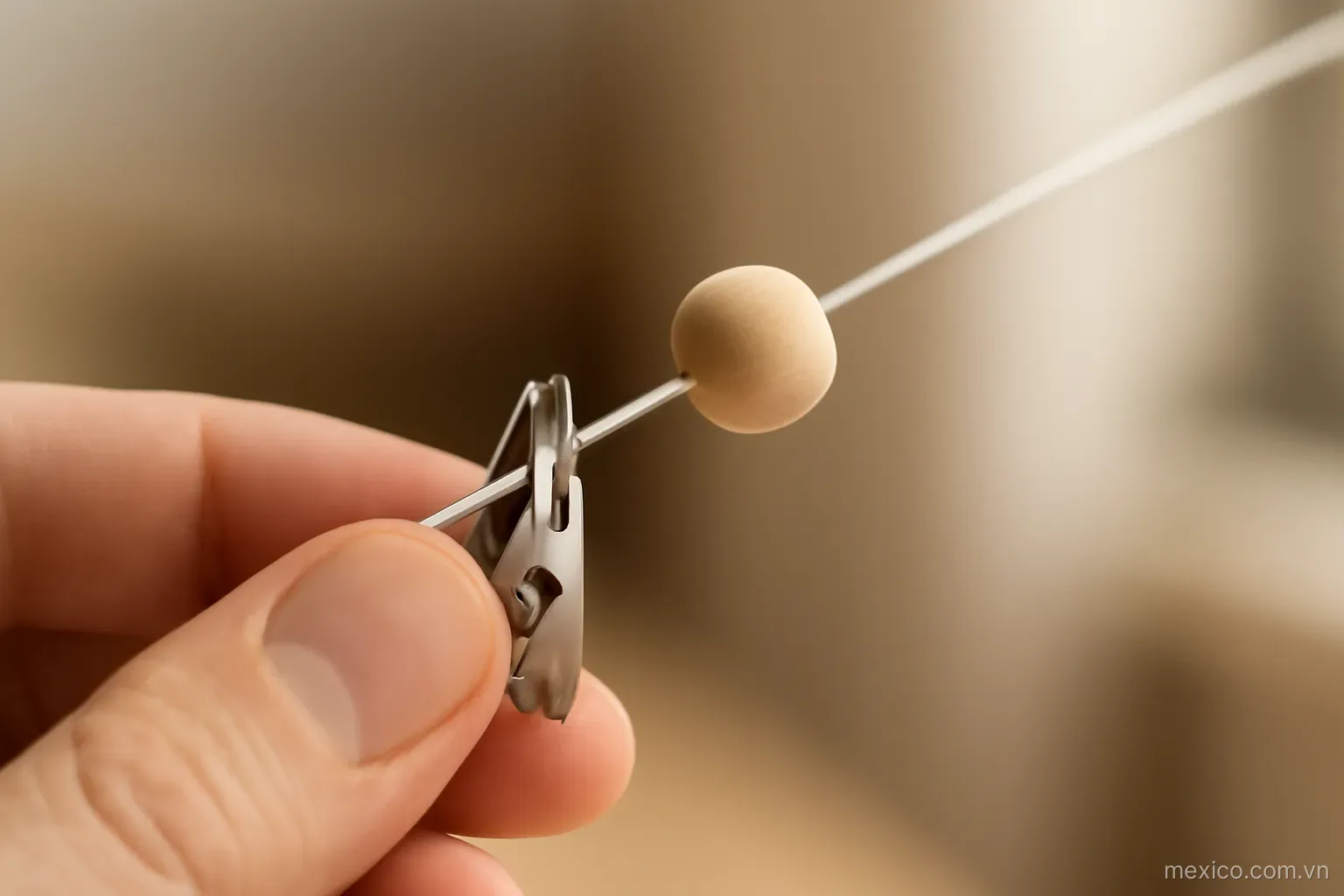 A bead being held at a chosen point on a sloped string by a small clip, close view, no text