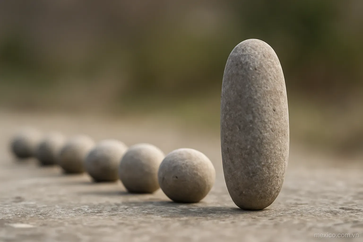 A row of evenly spaced stones with one stone standing much taller than the rest, side view, no text
