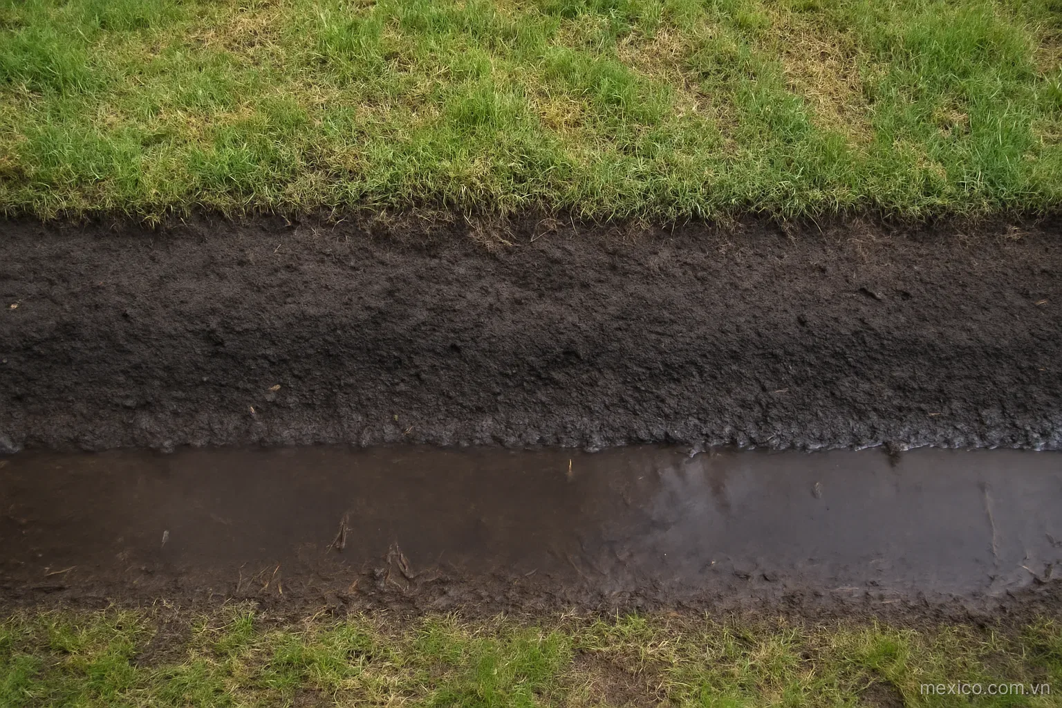 A wide band of darker damp ground running parallel to a straight shallow ditch, overhead view, no text