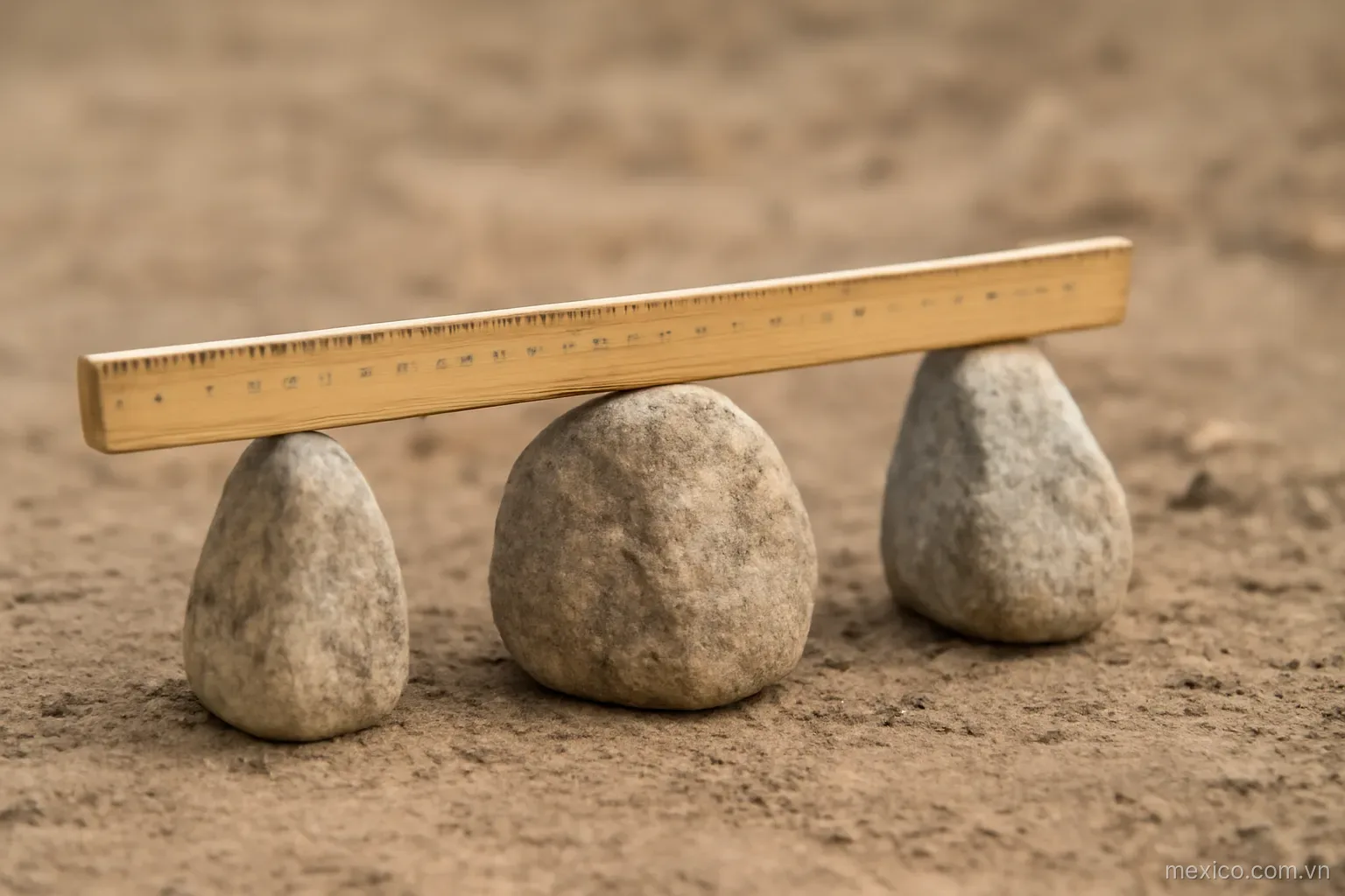 A wooden measuring stick lying across three stones of different heights on bare ground, no text