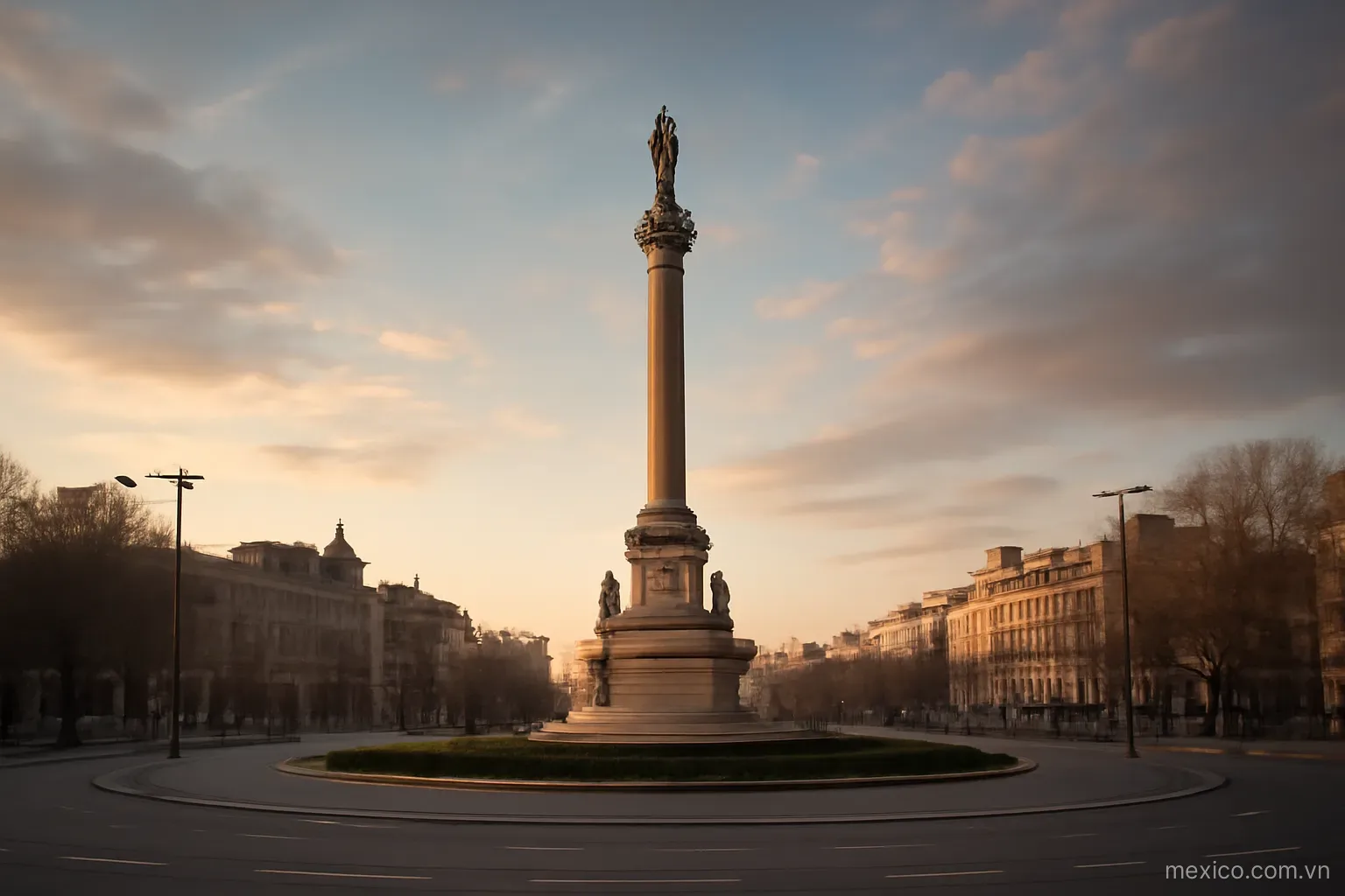A monument column in a wide city roundabout under evening sky, wide view, no text