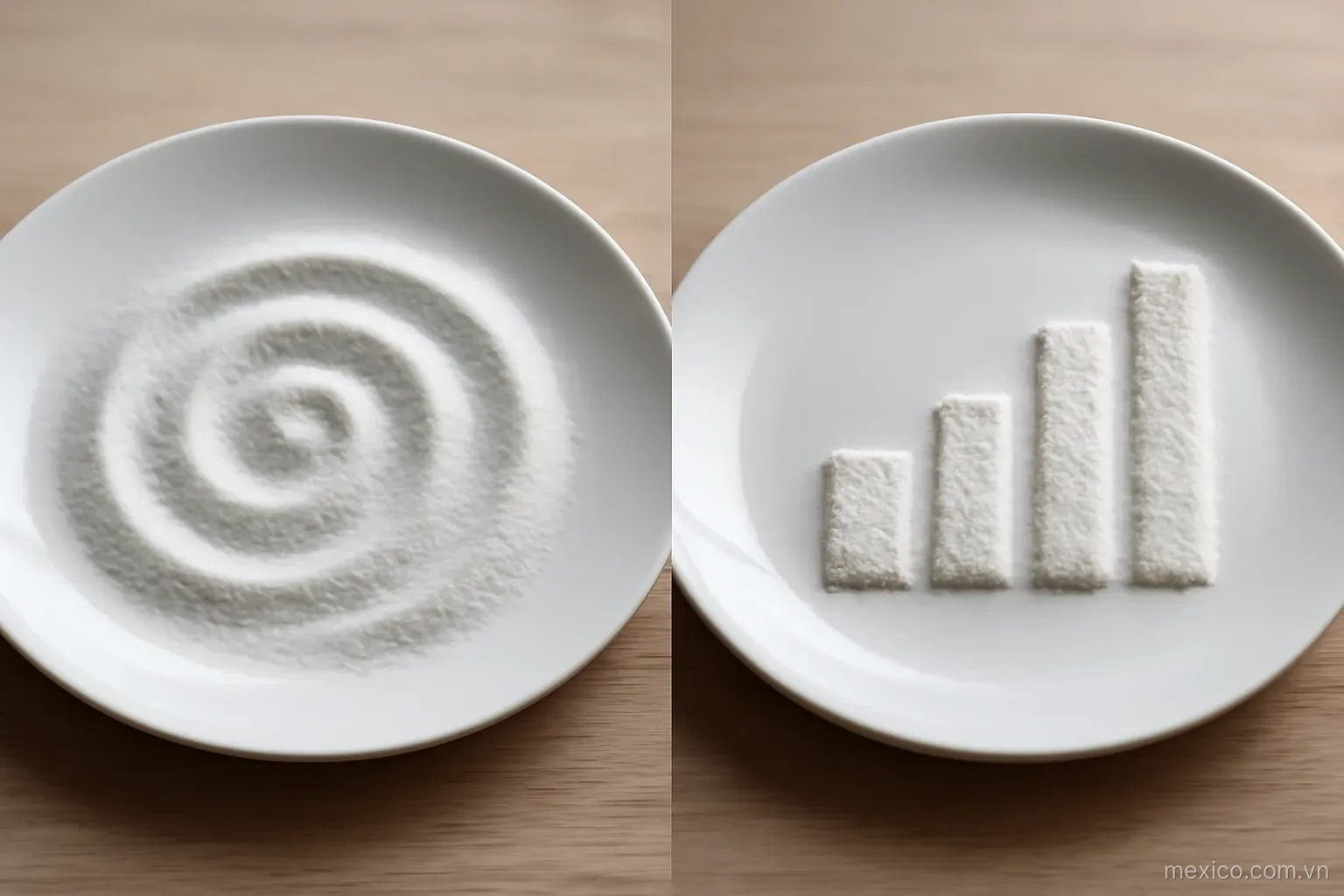 The same plate shown twice with powder in two different patterns, diagram style, no text