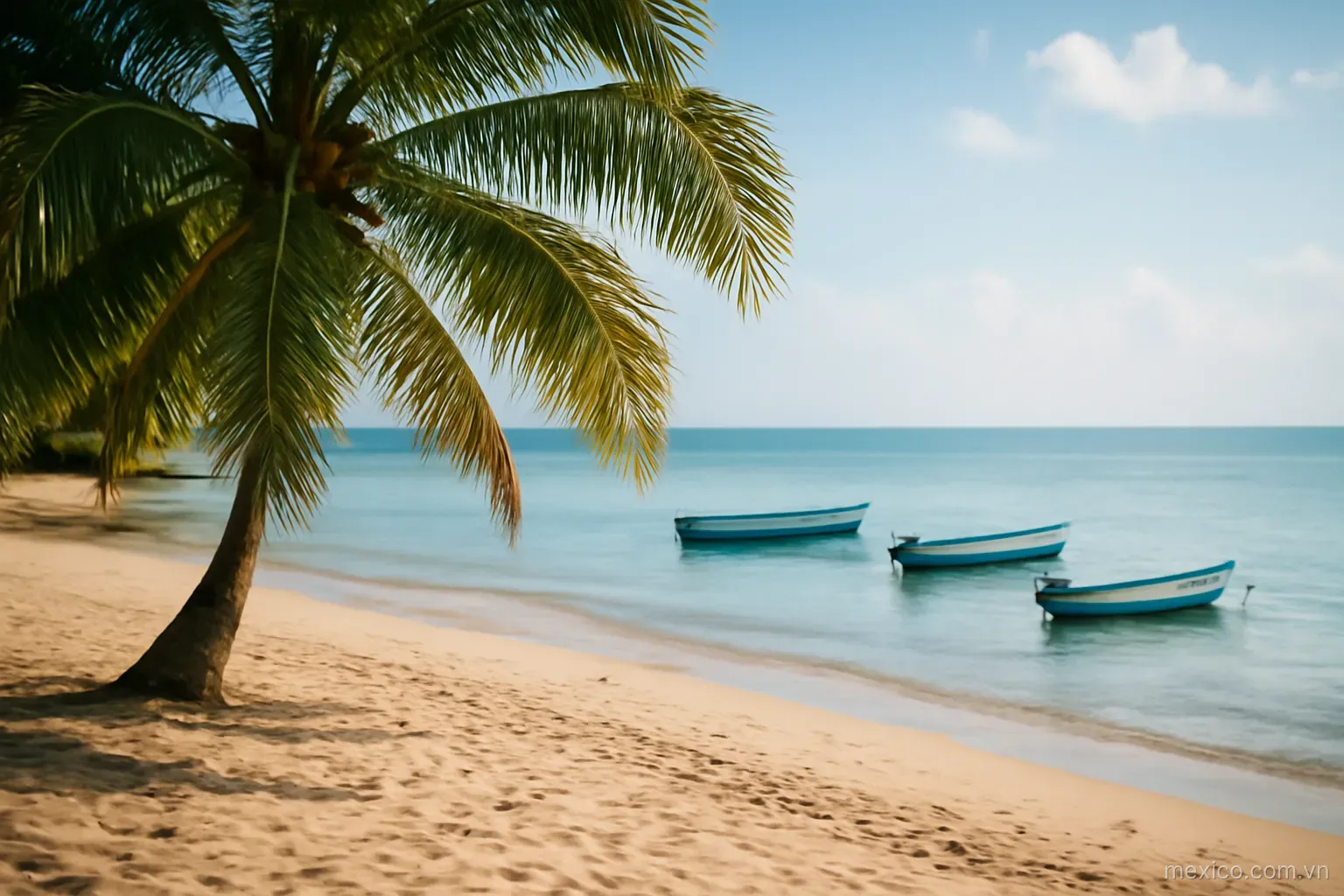 A quiet beach with palm shade and small boats at the waterline, wide view, no text