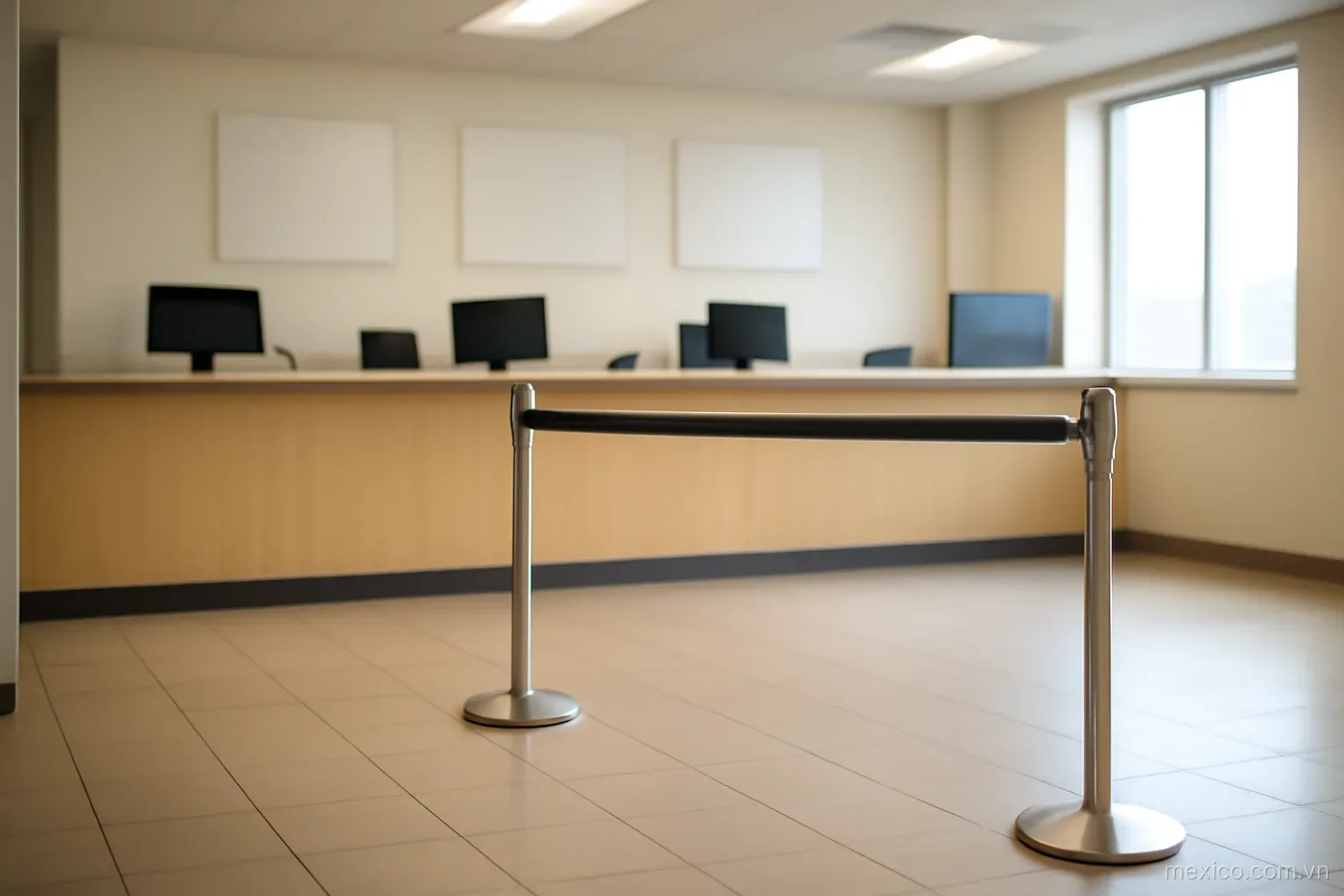 A service counter with a queue line marker and an empty waiting area, eye level, no text