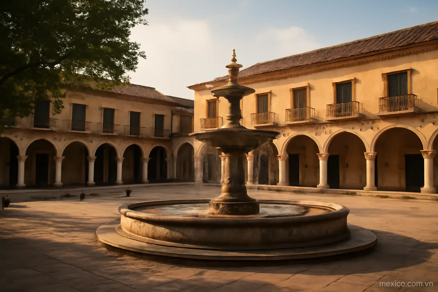 A colonial plaza with a fountain and arcaded buildings in late afternoon light, wide view, no text