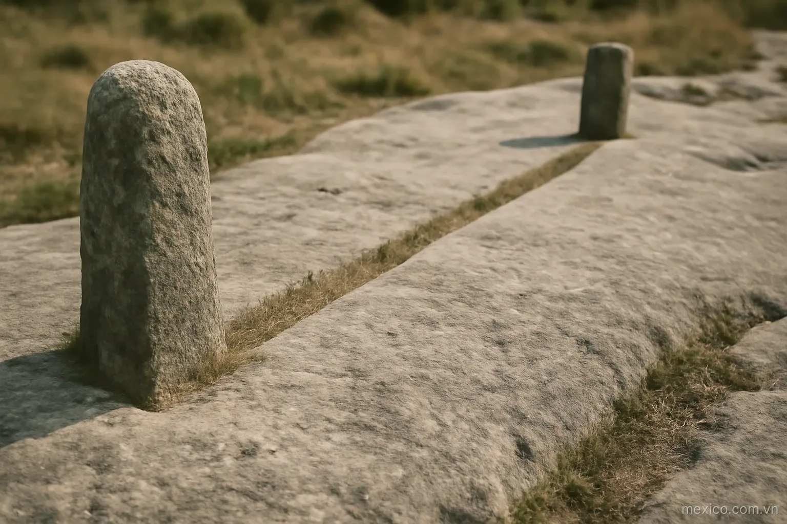 Two stone markers at opposite ends of a long shallow groove carved in rock, wide view, no text