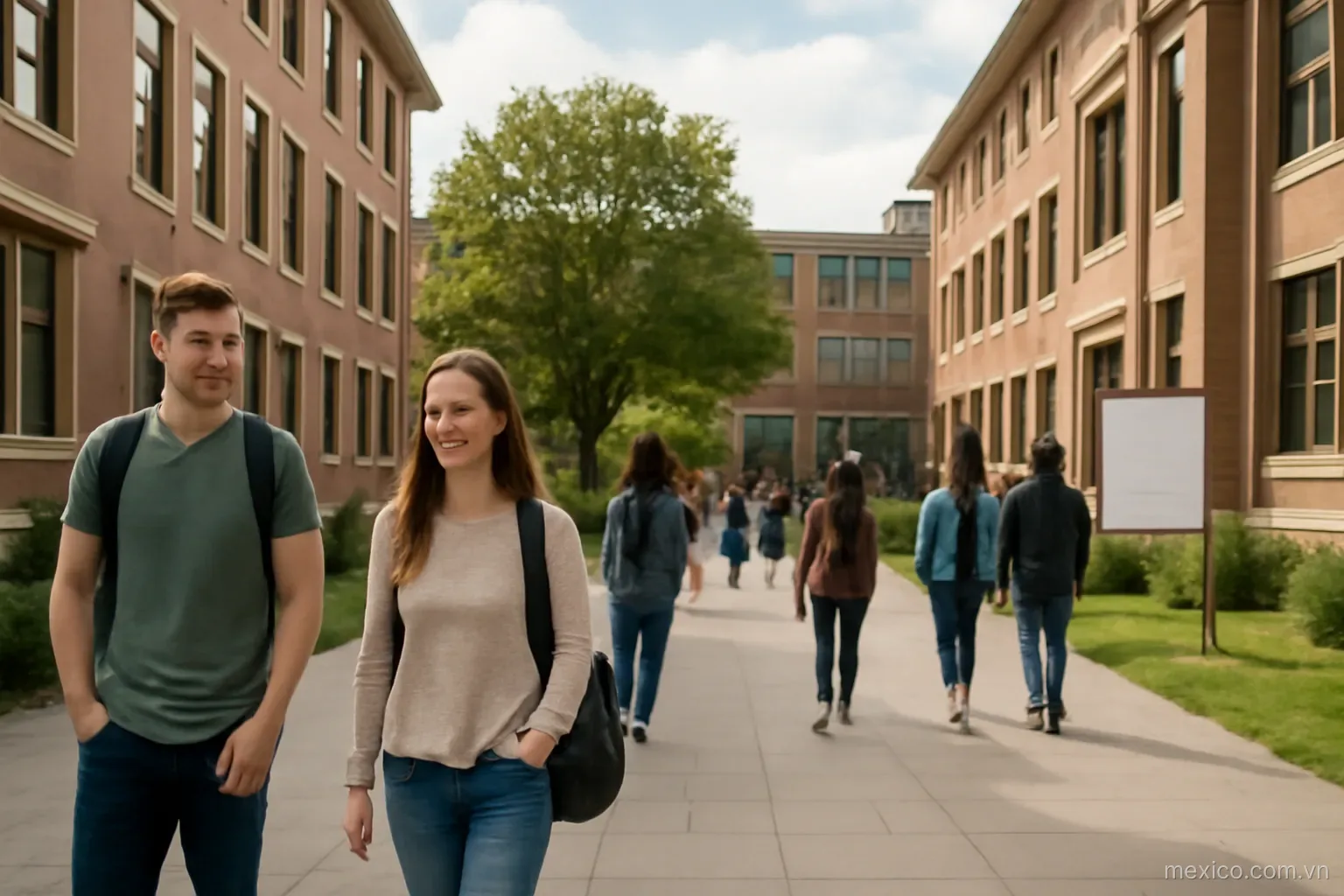 A university courtyard with students walking between buildings, wide view, no text