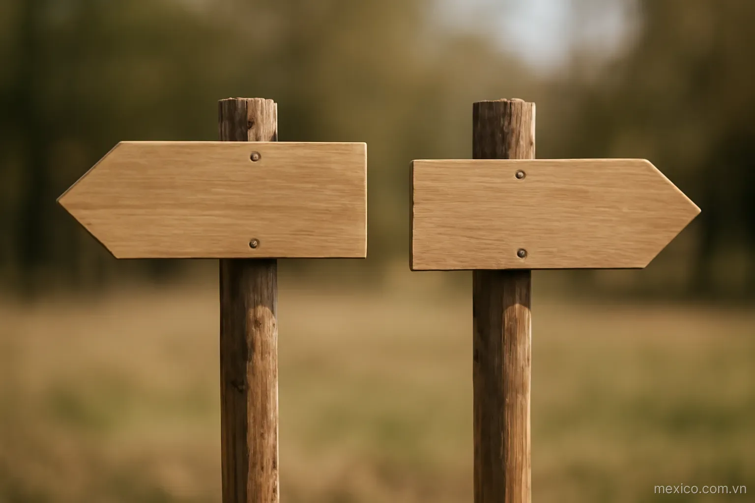 Two identical wooden vanes mounted on posts pointing in opposite directions, side view, no text