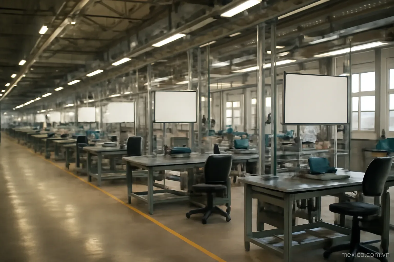 A factory floor with assembly stations and overhead lighting, wide view, no text