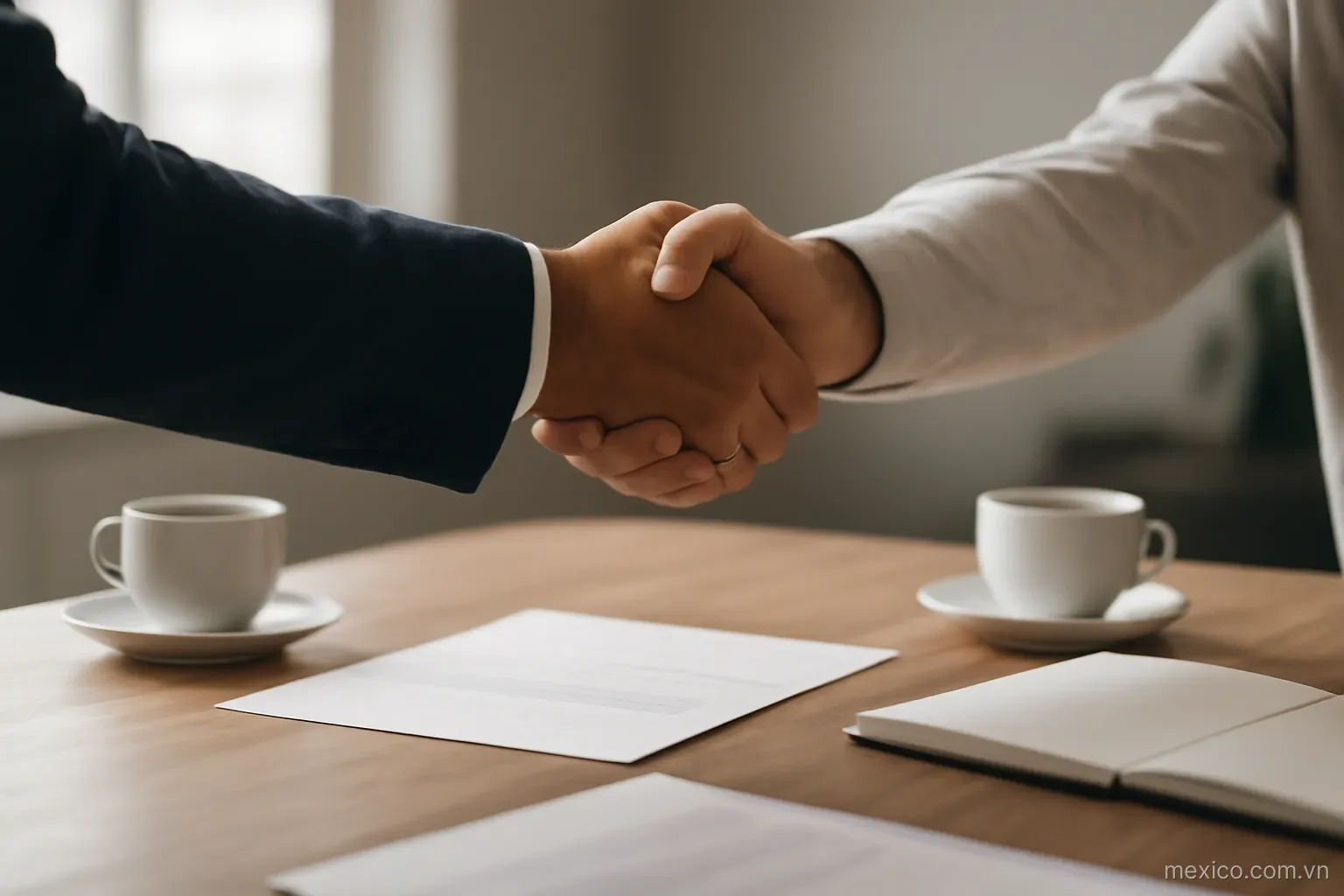 A handshake over a table with documents and coffee cups, eye level, no text