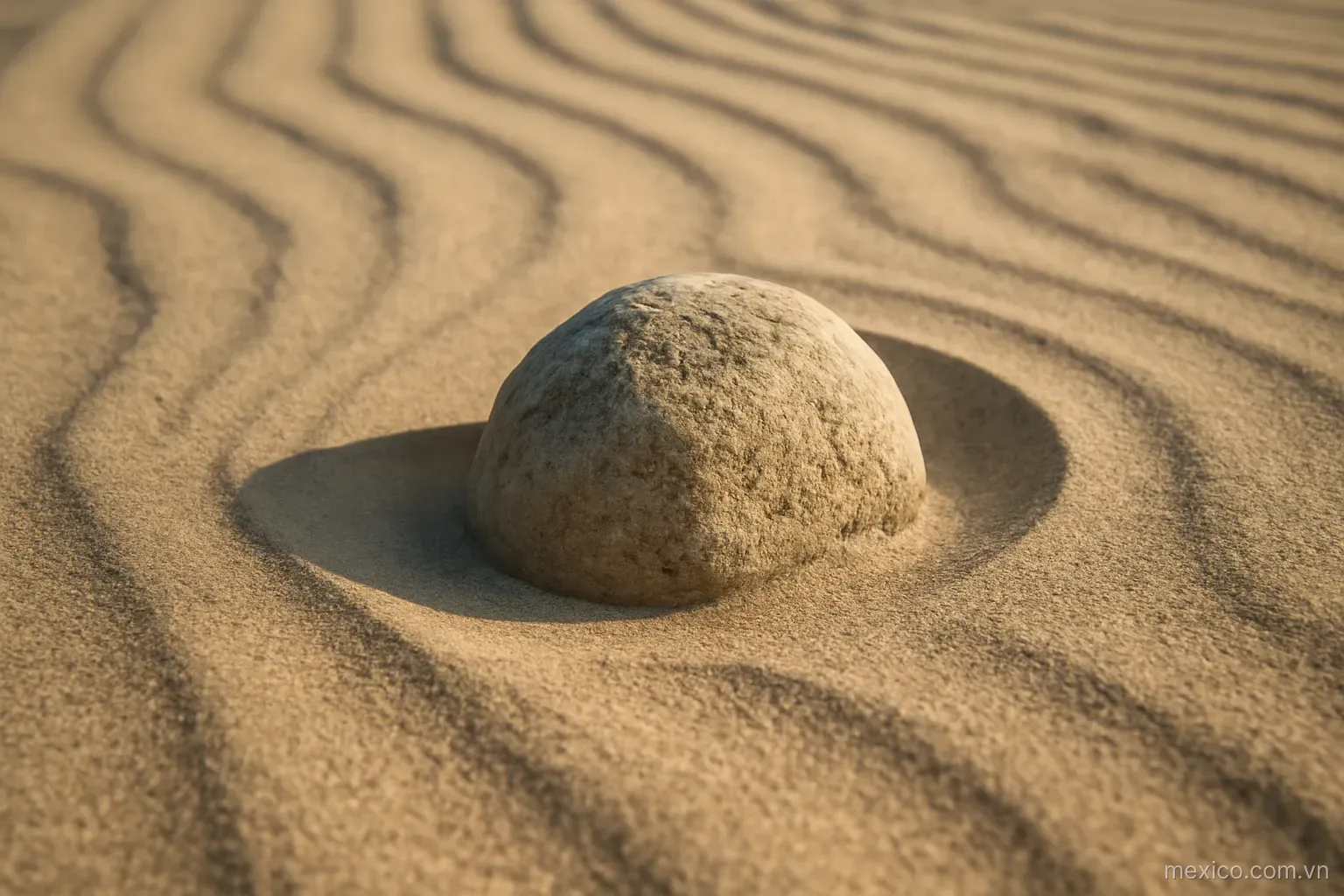 A stone half buried in packed sand with a wind ripple pattern curving around it, close view, no text