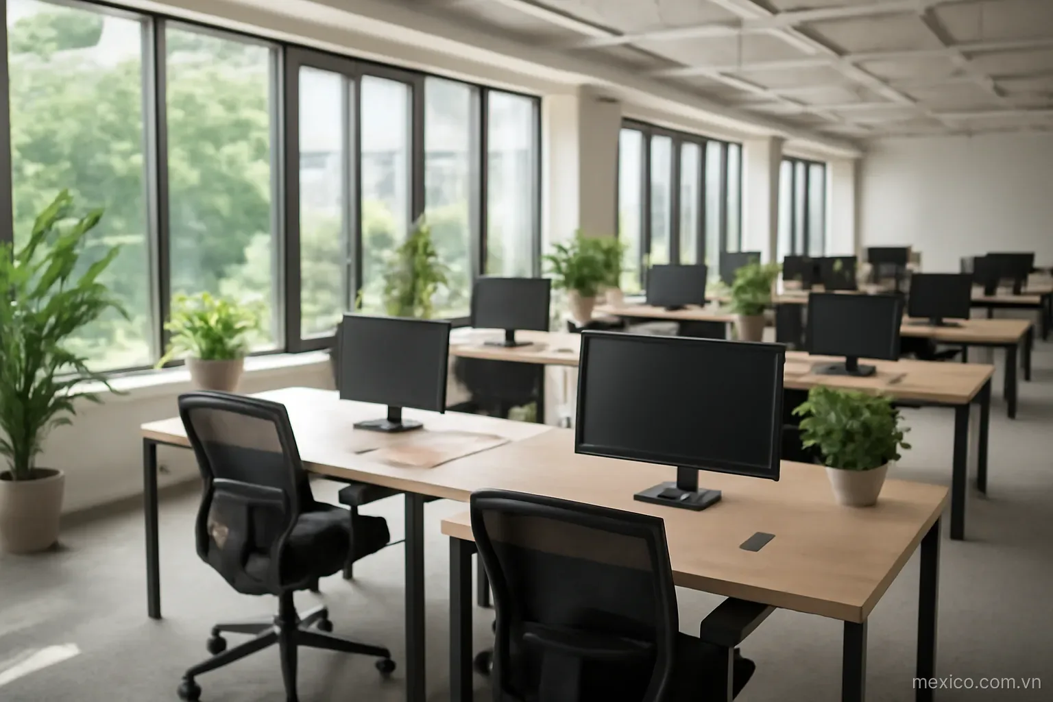 An open-plan office with desks and plants near tall windows, wide view, no text
