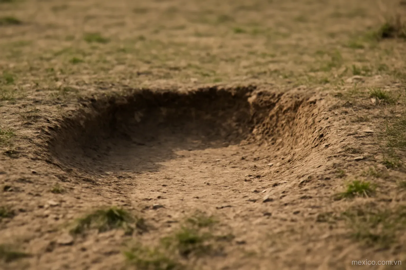 A shallow depression in otherwise even ground with a ridge partly blocking one side, no text