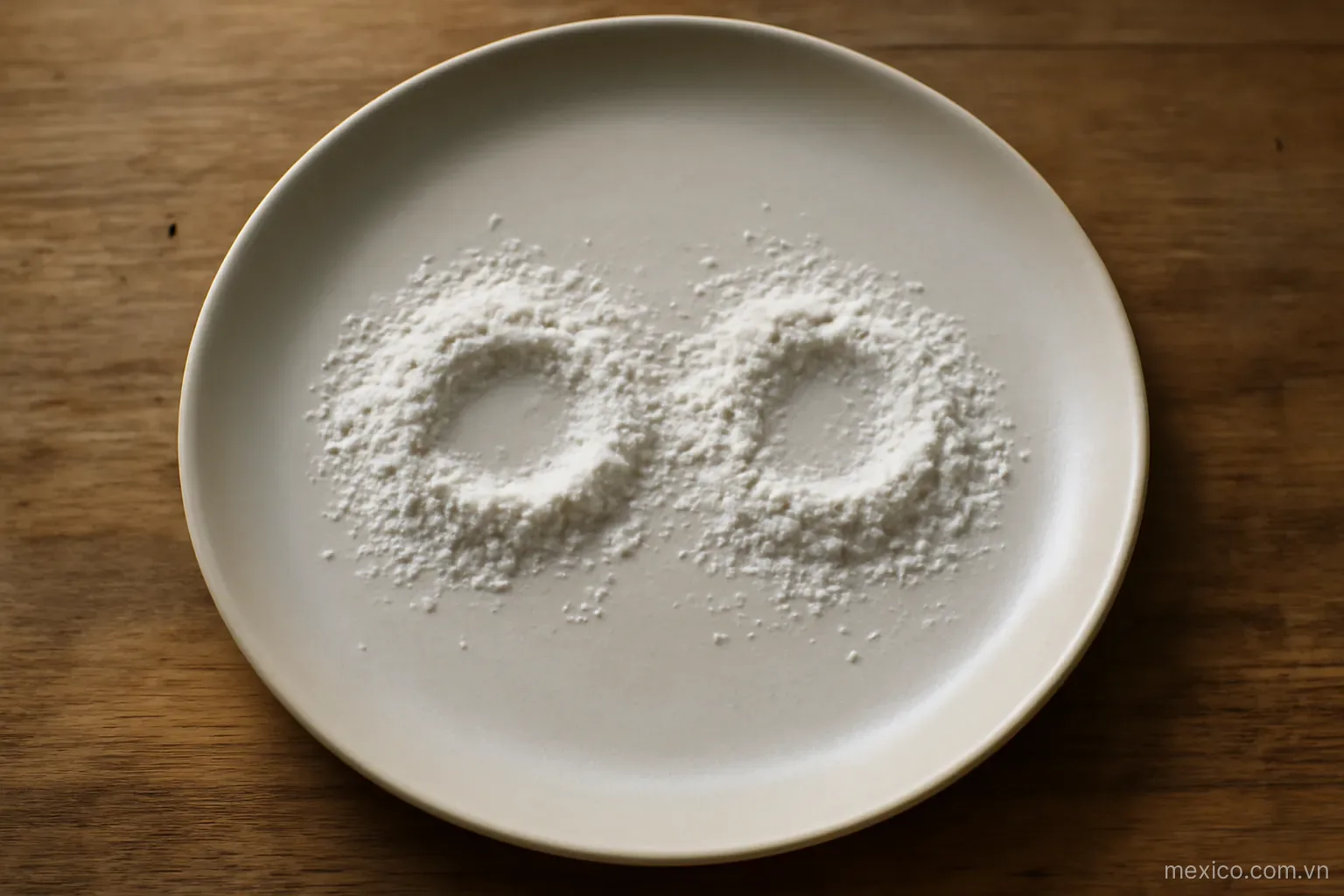 Powder clustered in tight rings around two points on an otherwise bare plate, overhead view, no text