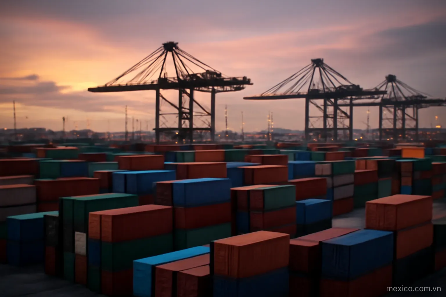 A container port with stacked containers and cranes at dusk, wide view, no text