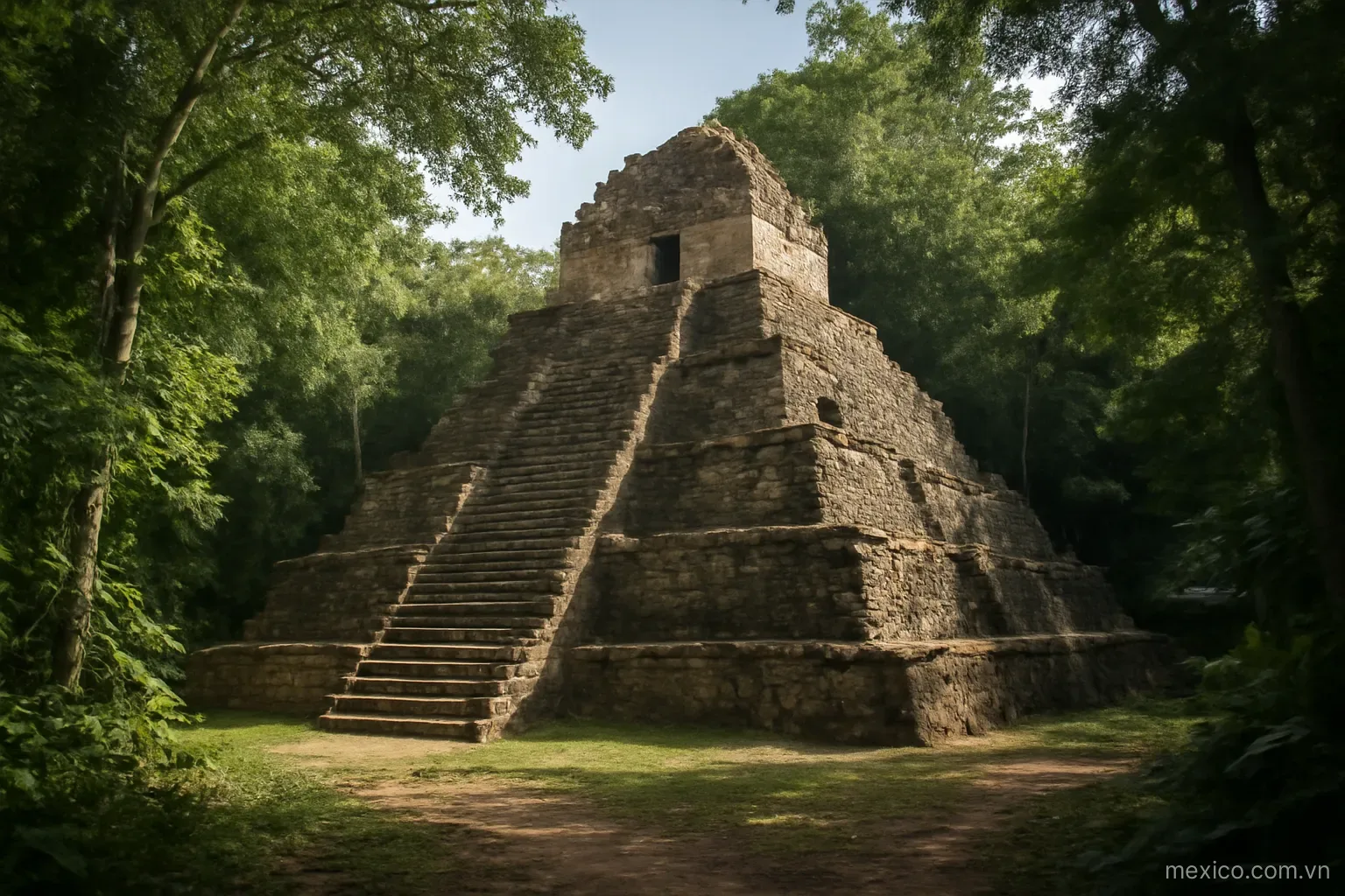 A stone pyramid ruin surrounded by jungle canopy, wide view, no text