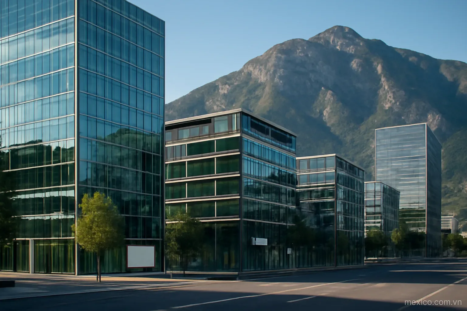 A modern office district with glass towers against a steep mountain backdrop, wide view, no text