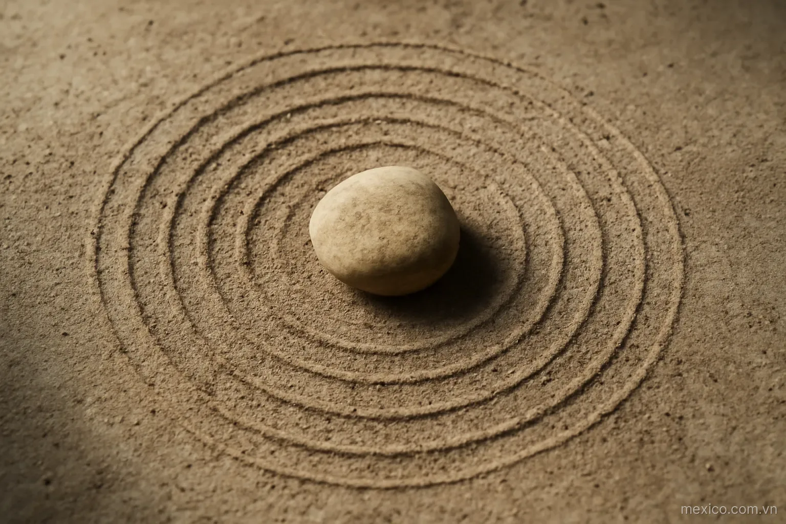 Concentric circles scratched into dust around a single raised stone, overhead view, no text