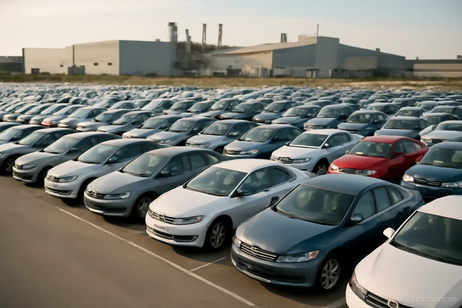 Rows of new cars parked in an outdoor lot beside a plant, aerial view, no text