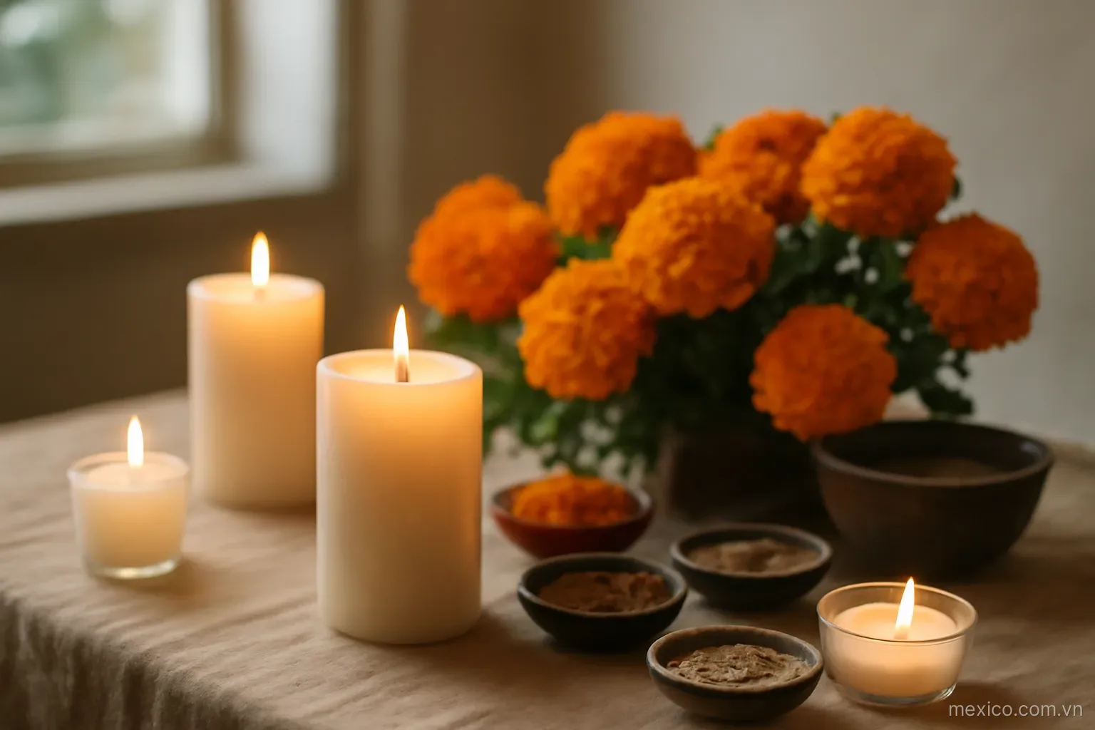 An altar table with candles, marigold flowers and small dishes, eye level, no text