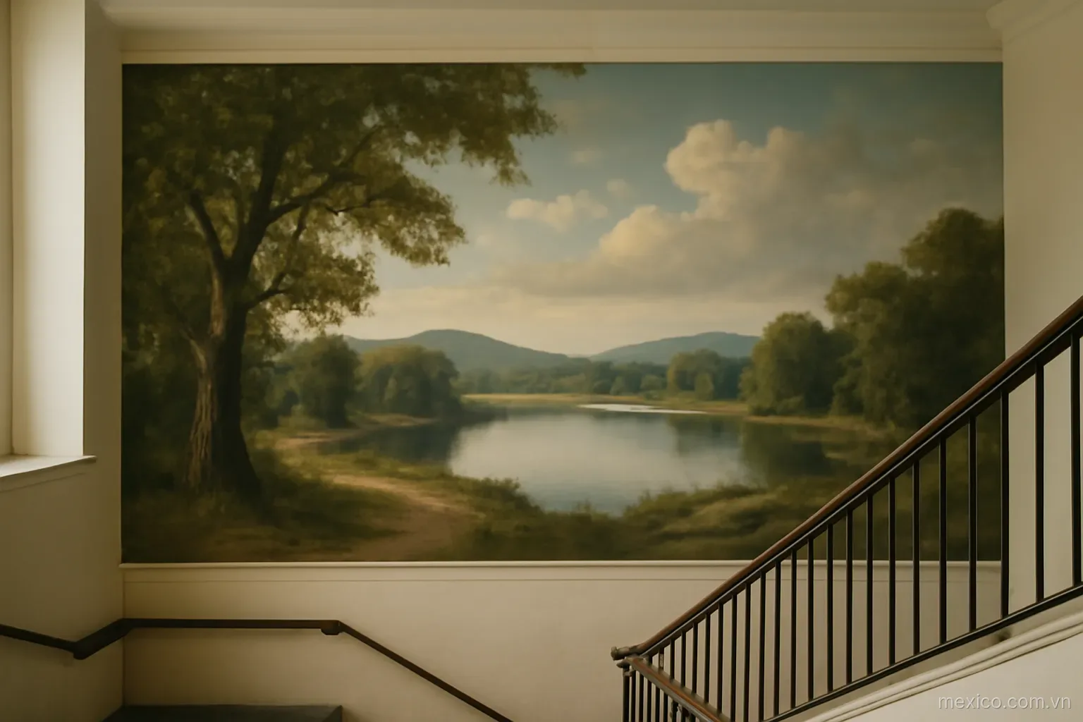 A large painted mural covering an interior wall above a stairway, wide view, no text
