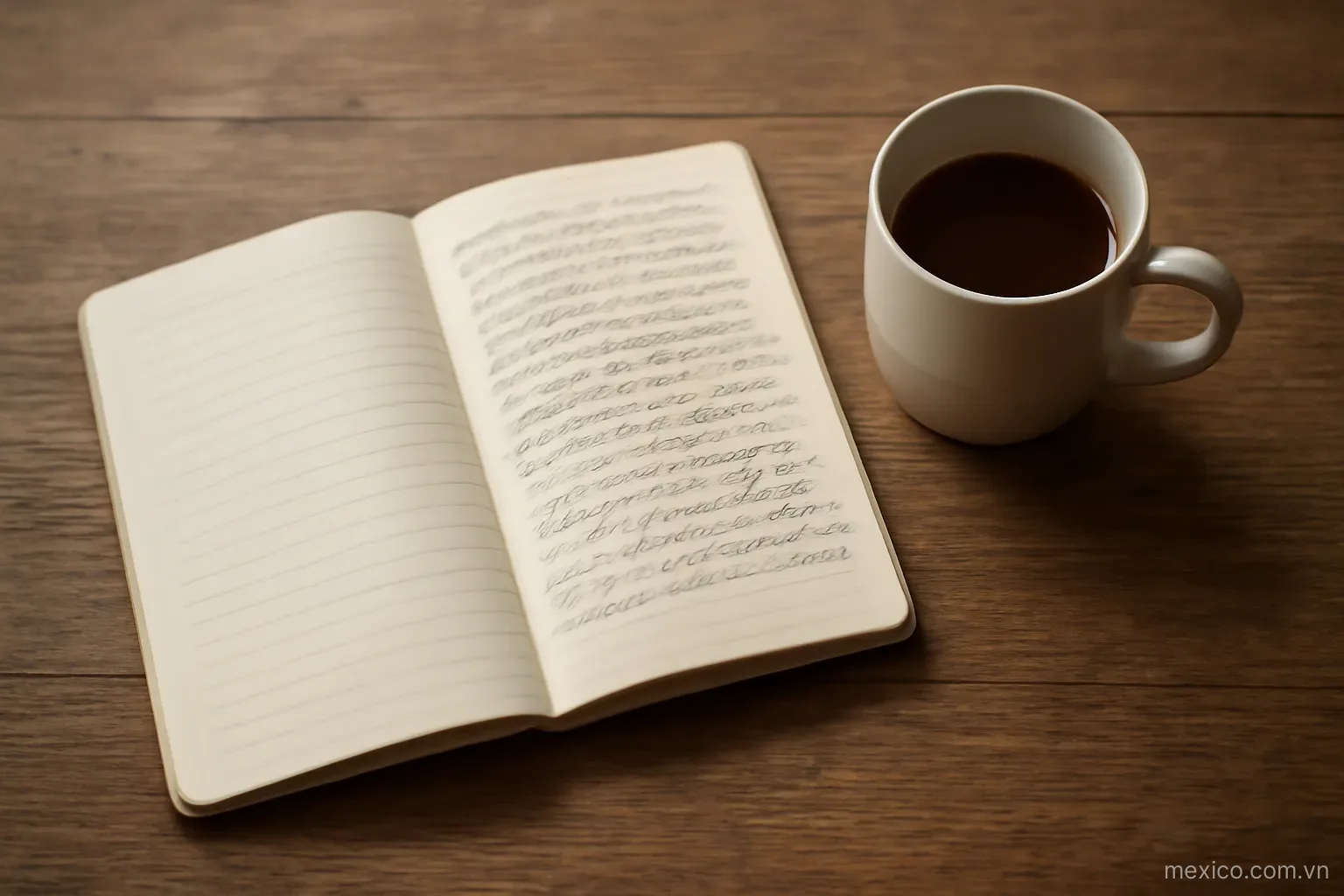 An open notebook with handwriting beside a cup on a wooden table, top-down view, no text