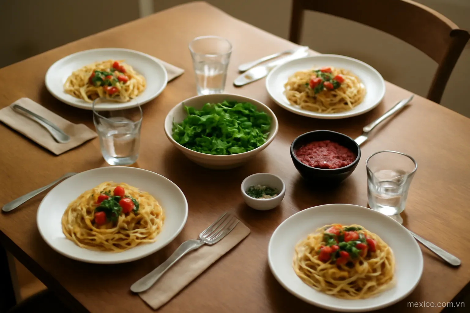 A small dining table set for a shared meal in a home, top-down view, no text