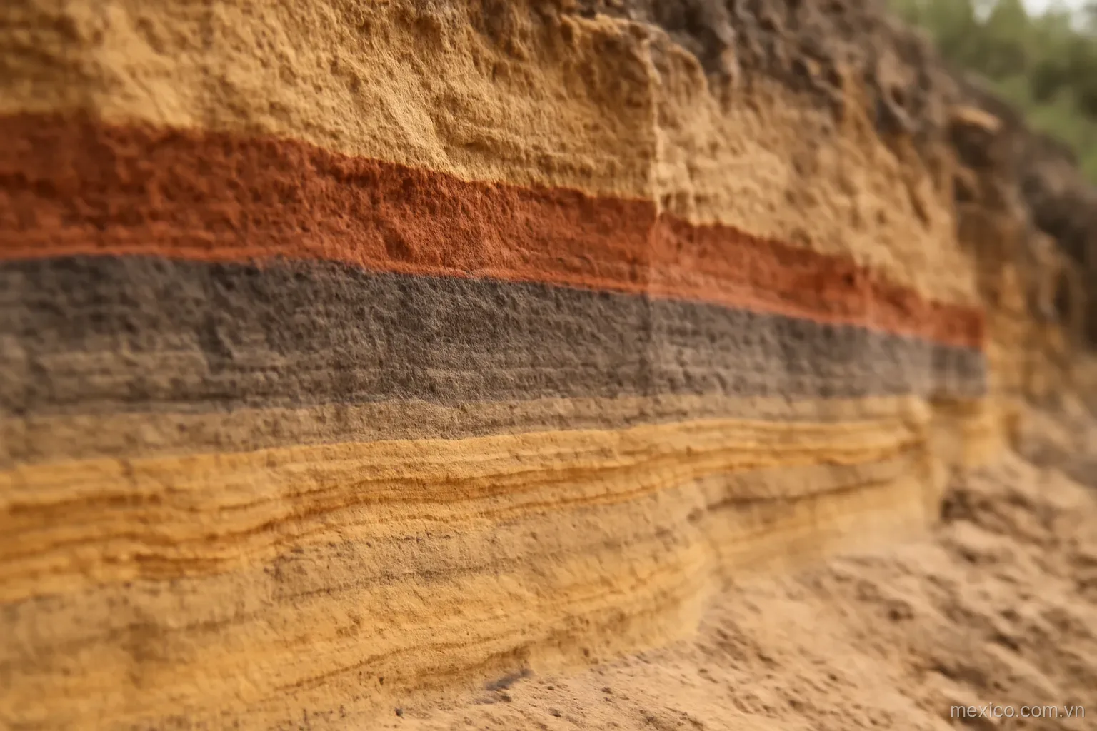 Layers of differently colored sand exposed in a cut bank, side view, no text