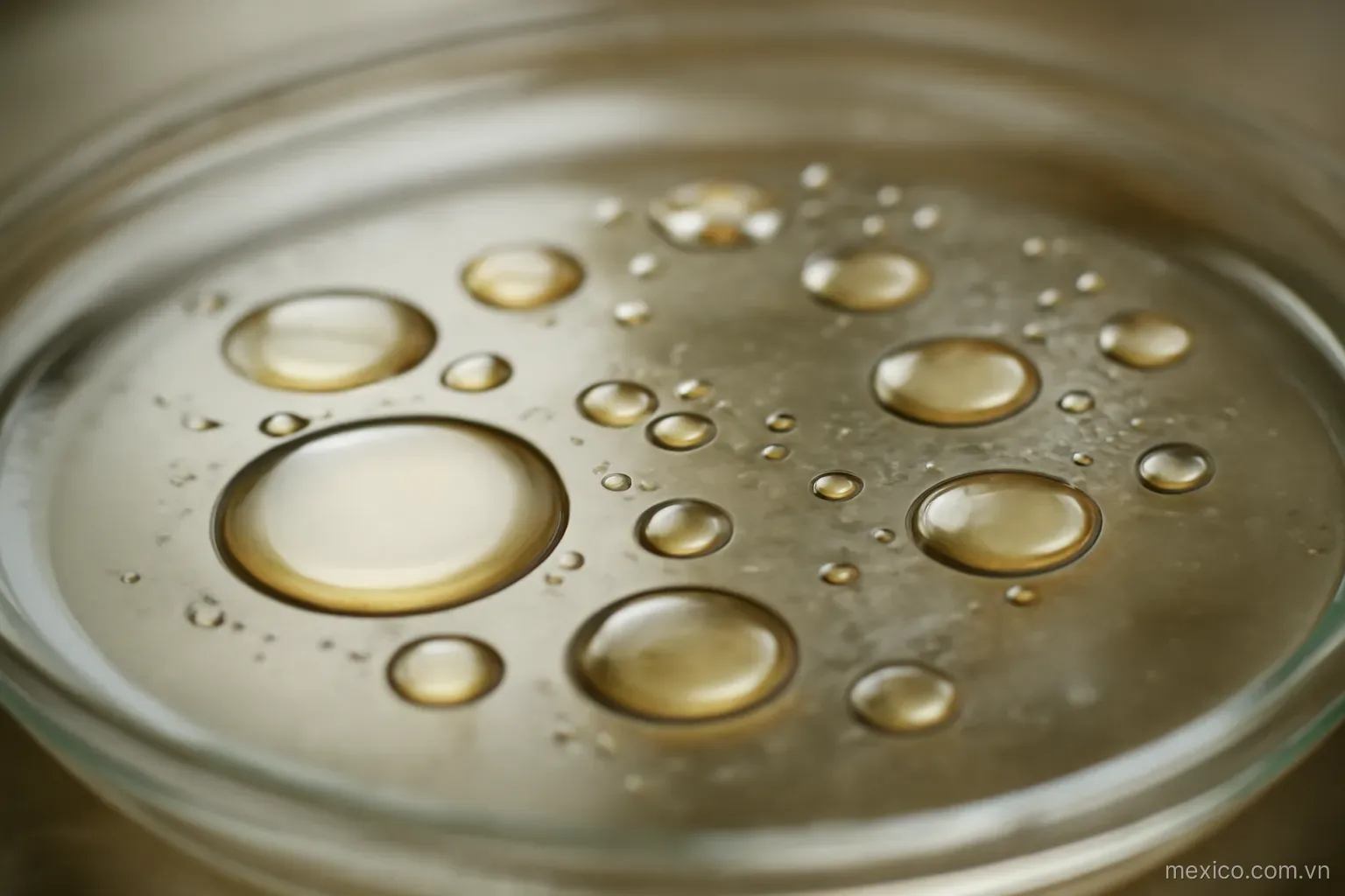 Several oil droplets of different sizes spread on a still water surface in a shallow dish, close view, no text