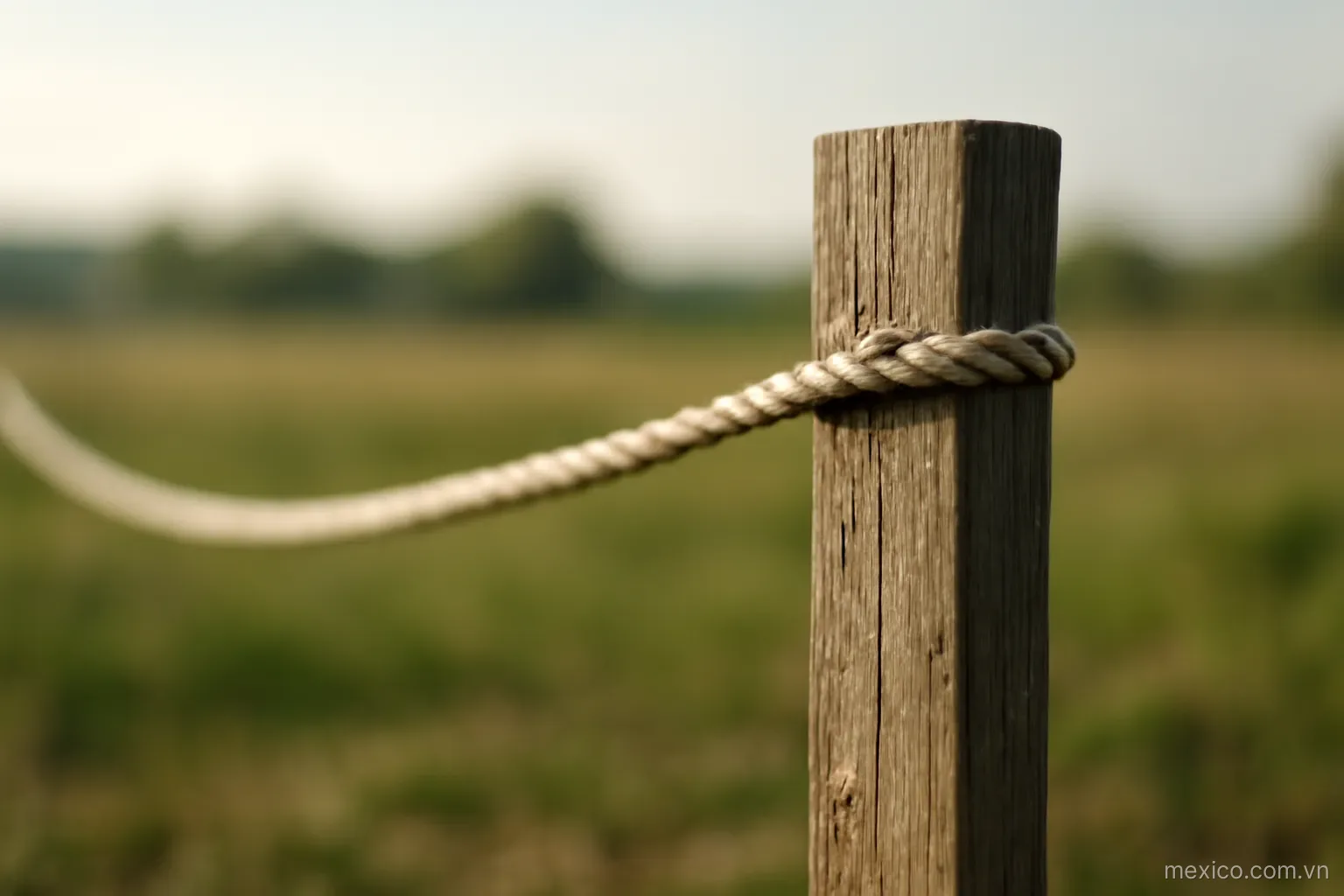 A sloped string ending abruptly at a post with open space beyond, side view, no text