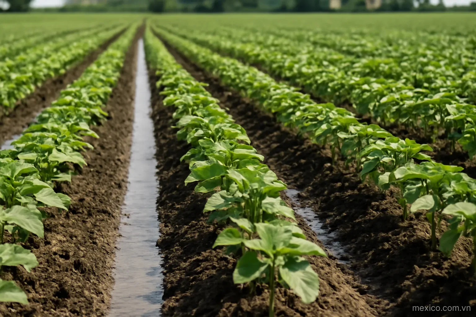 Rows of green crops in a field with irrigation channels, wide view, no text