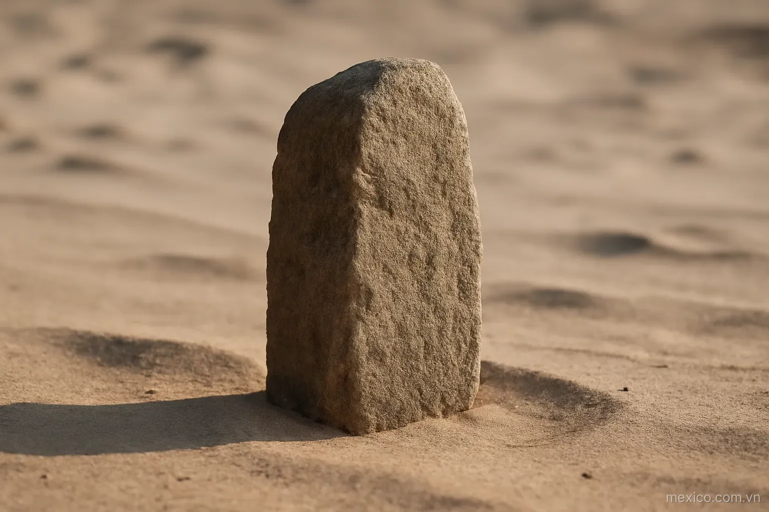 A single large stone remaining upright after sand around it has been blown away, no text
