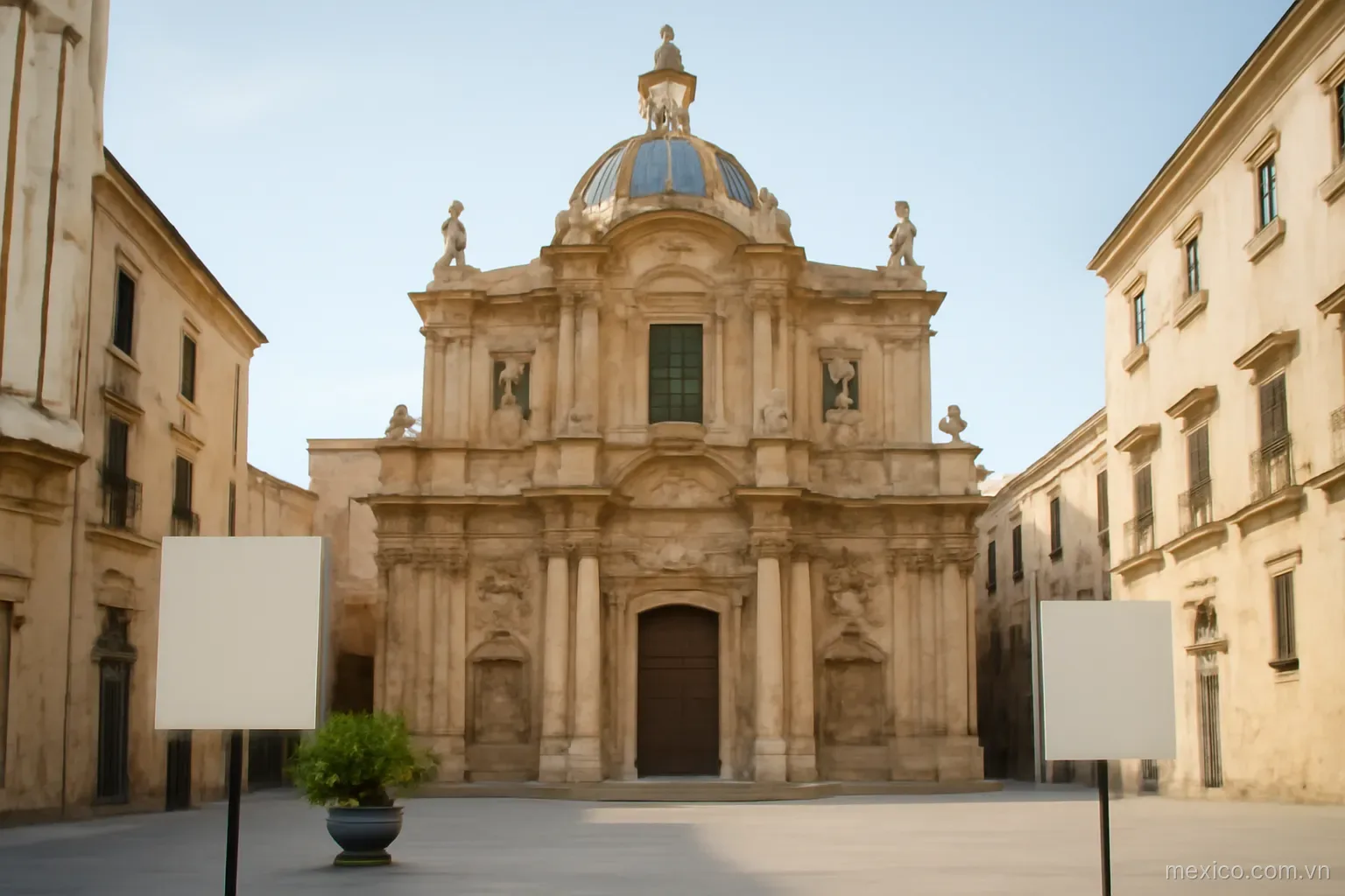A baroque church facade with tiled dome seen across a small square, eye level, no text