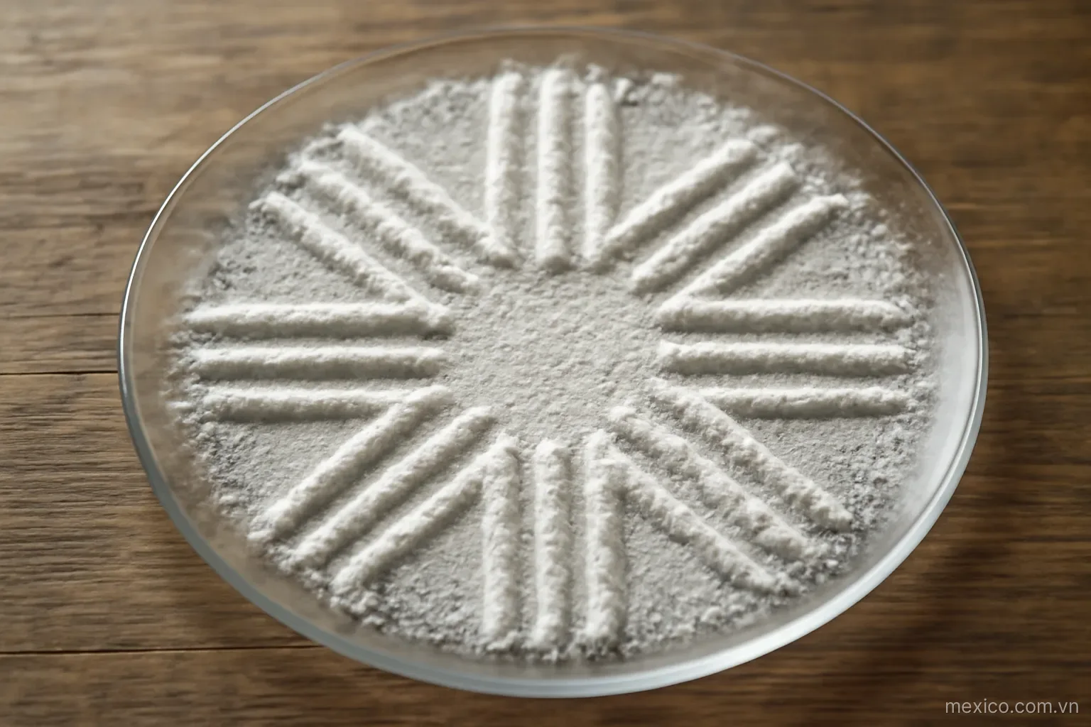 Powder on a thin plate arranged into a symmetrical pattern of lines and empty areas, overhead view, no text